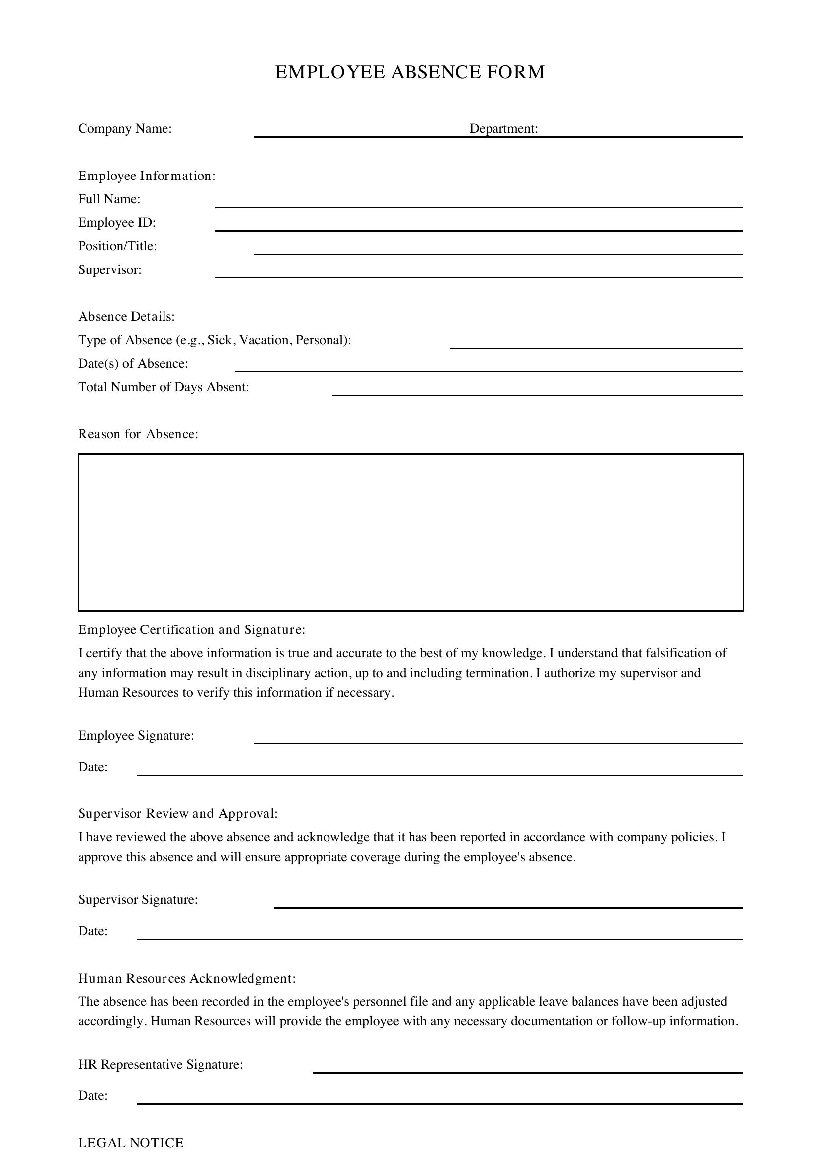 Absence Form Template - US