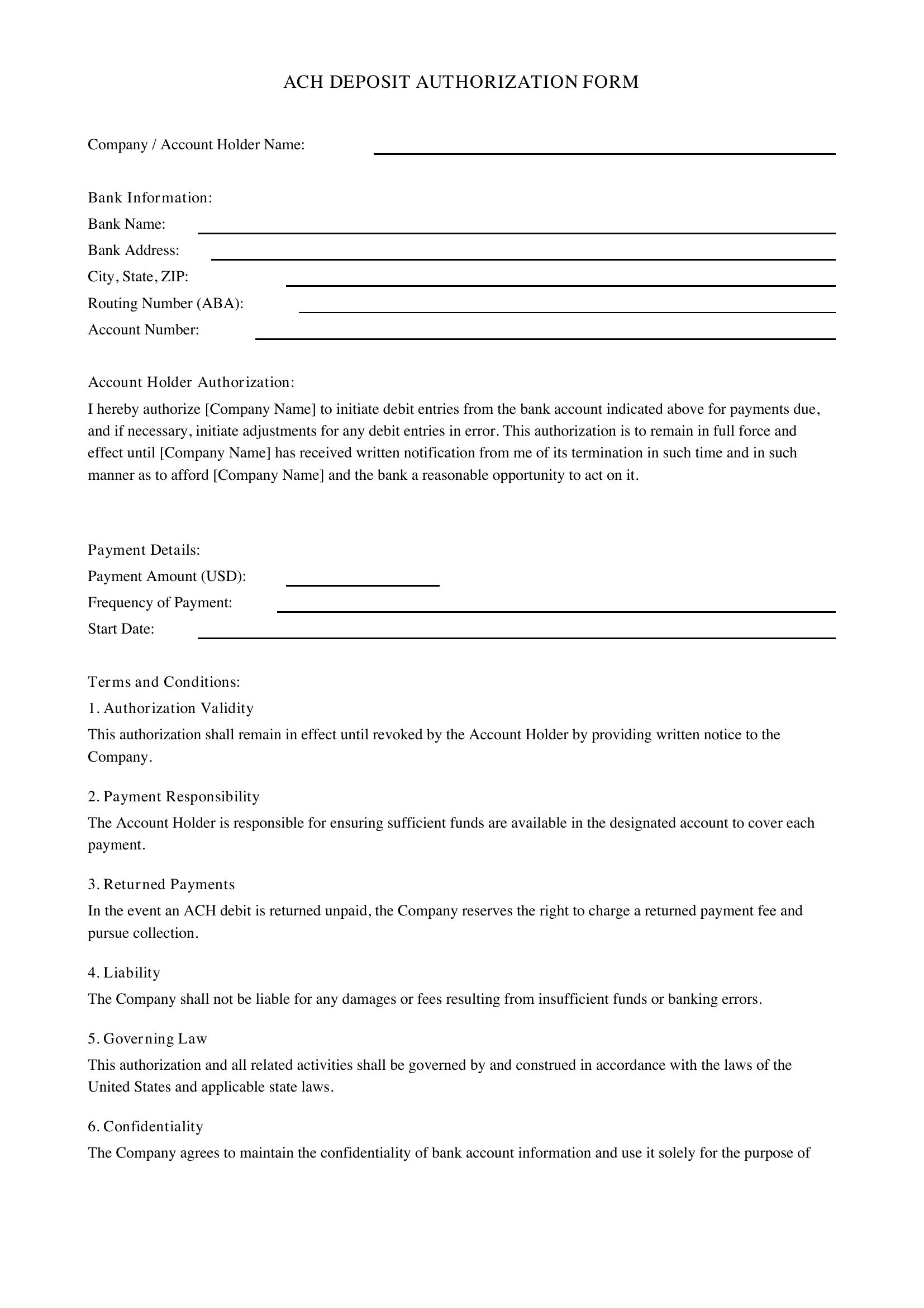 Ach Deposit Form Template - US