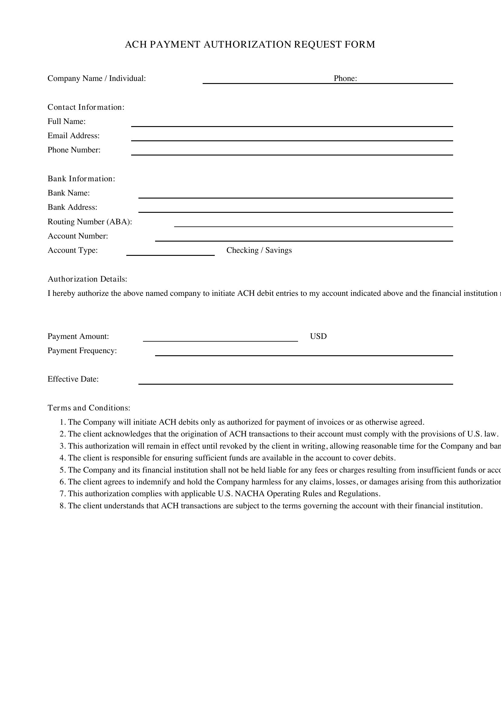 Ach Request Form Template - US