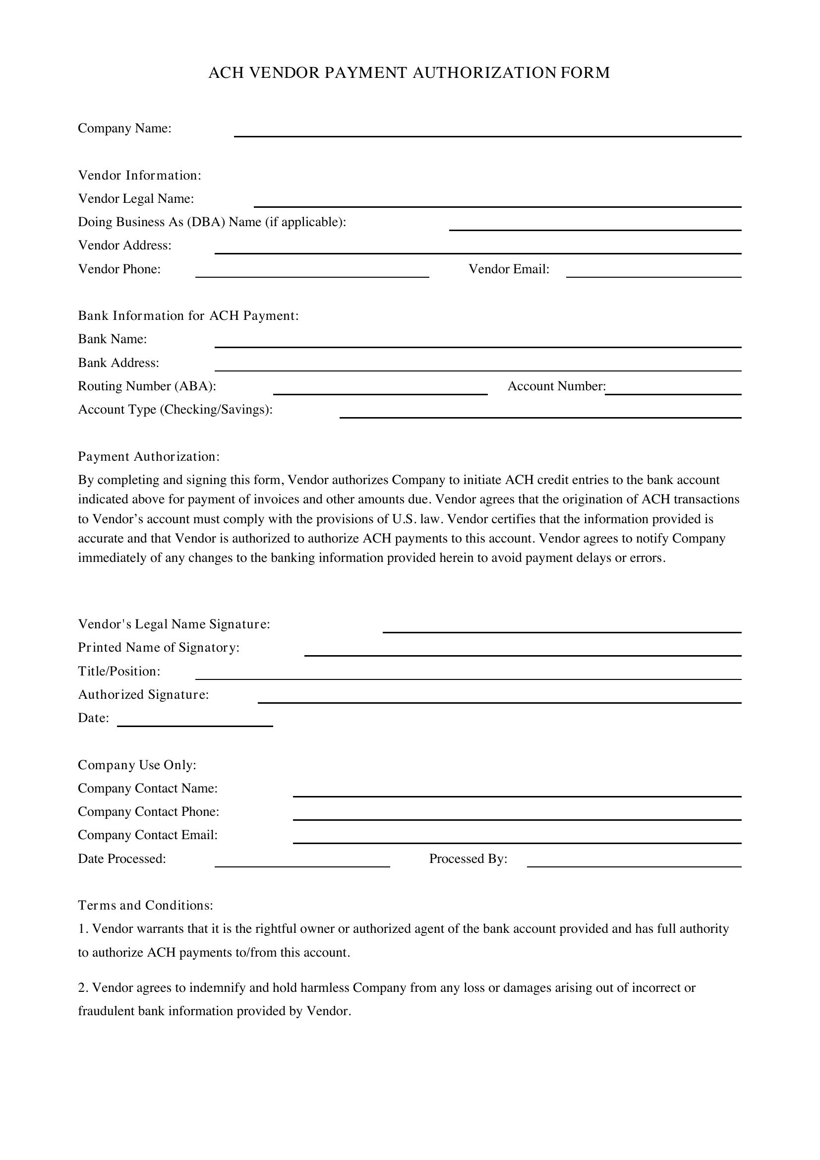 Ach Vendor Payment Form Template - US
