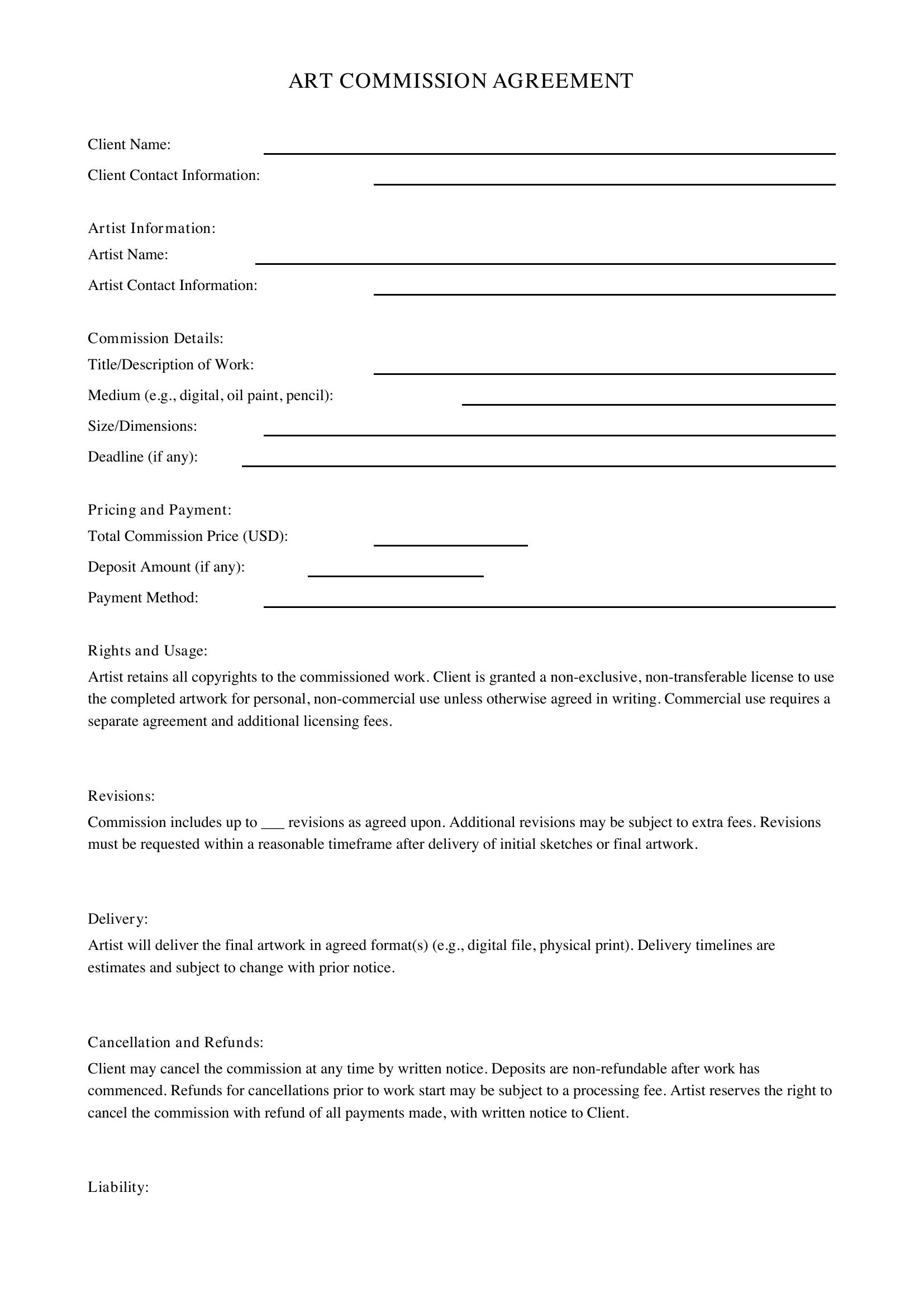 Art Commission Form Template - US