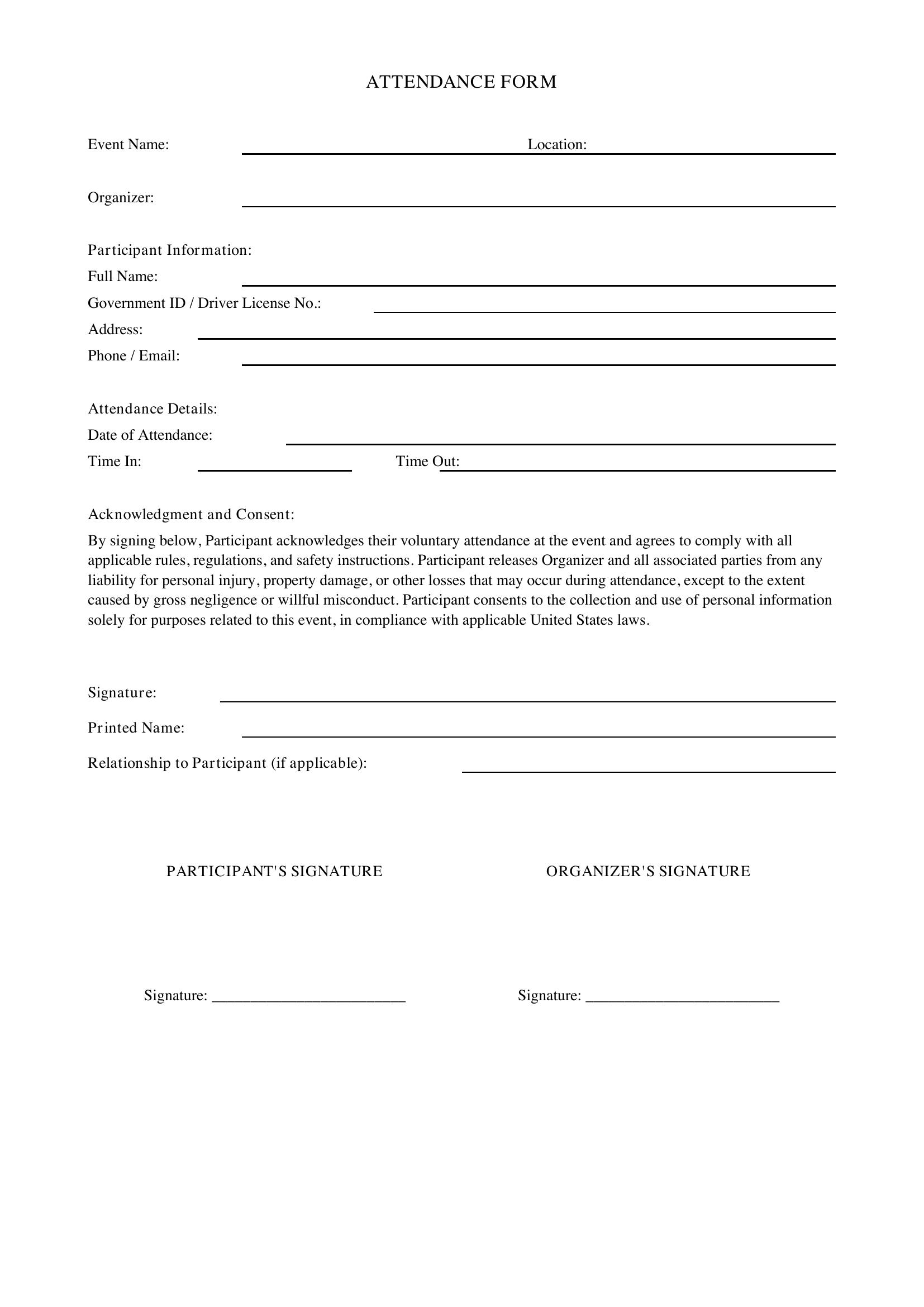Attendance Form Template - US