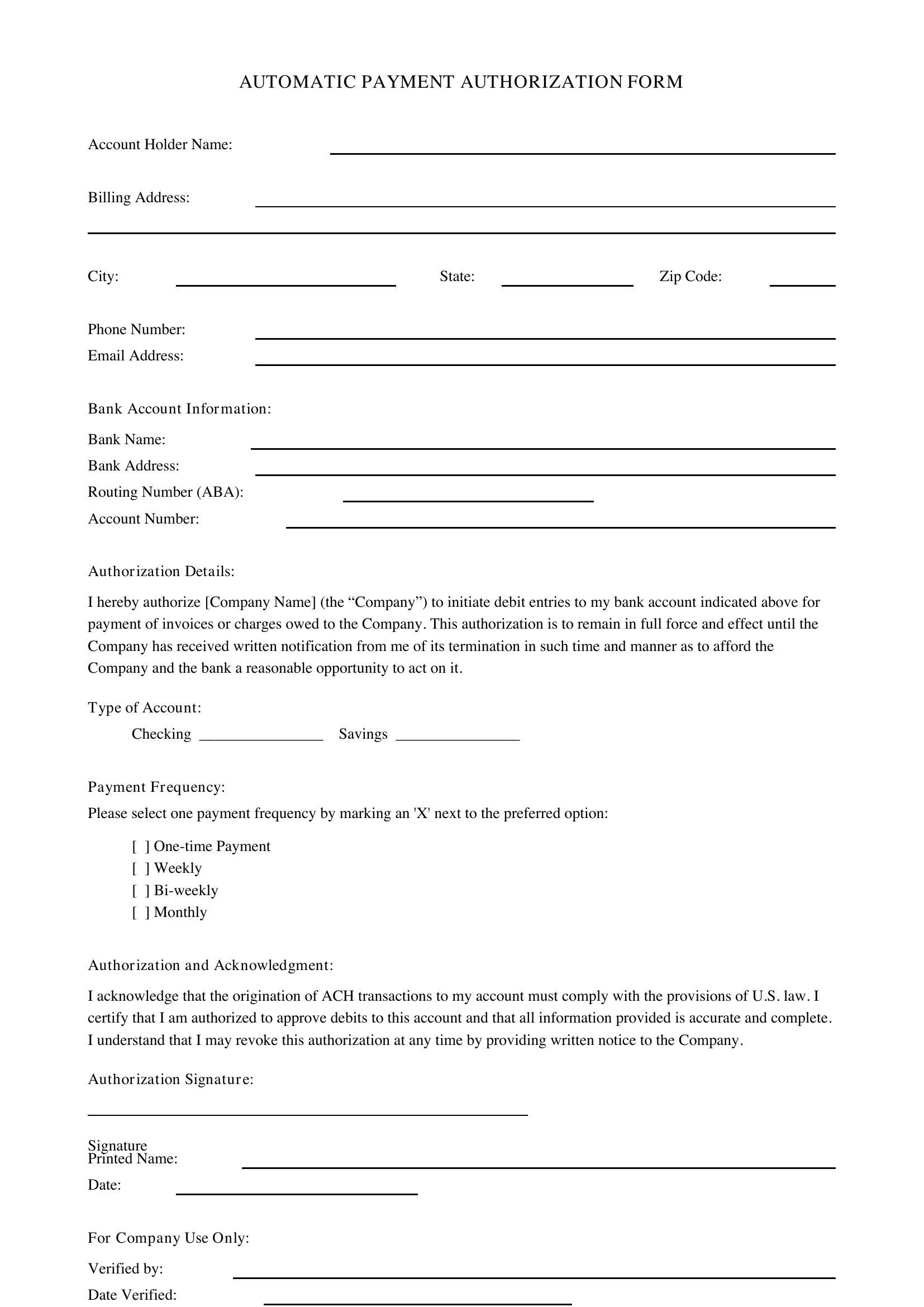 Automatic Payment Authorization Form Template - US