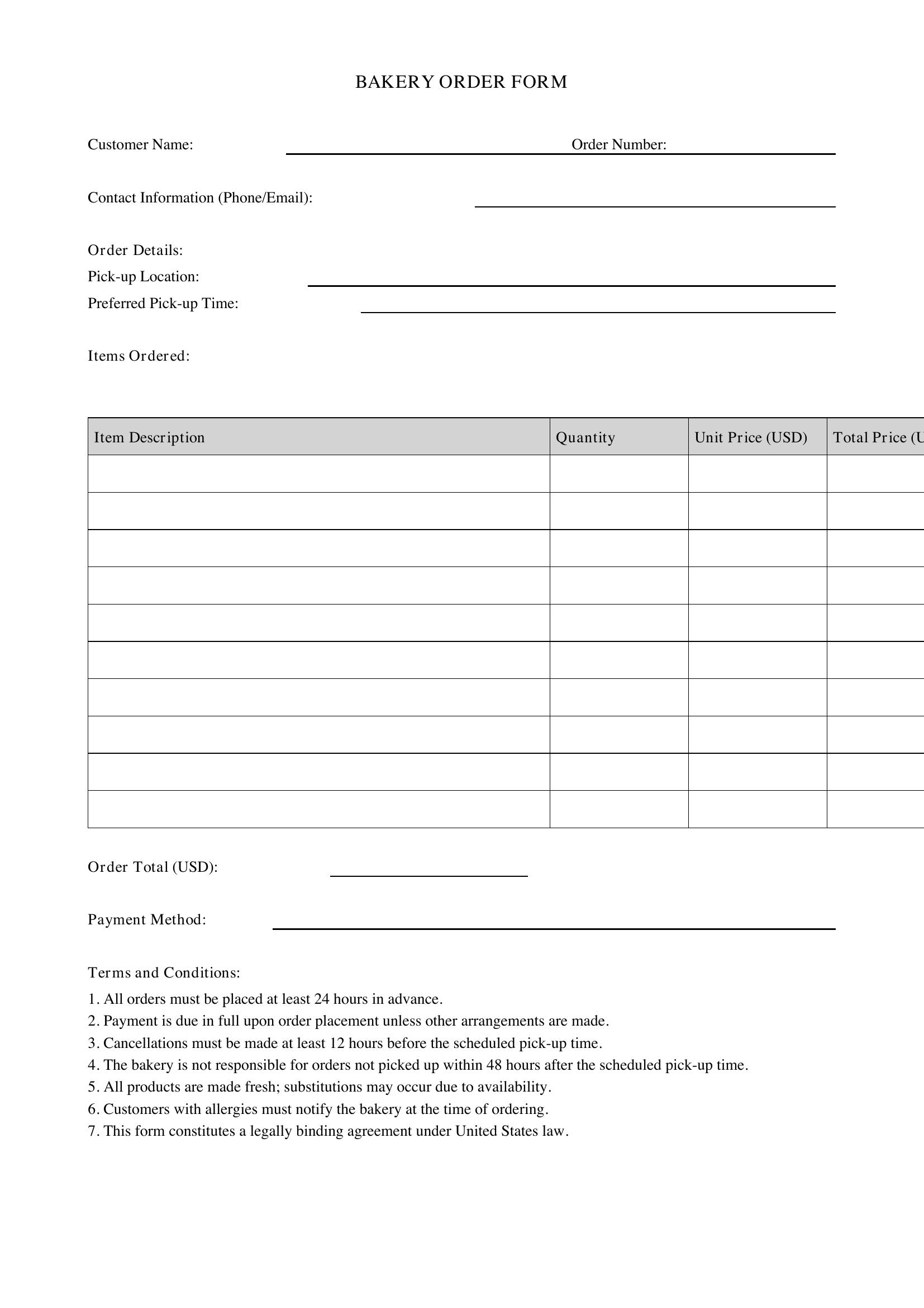 Bakery Order Form Template - US