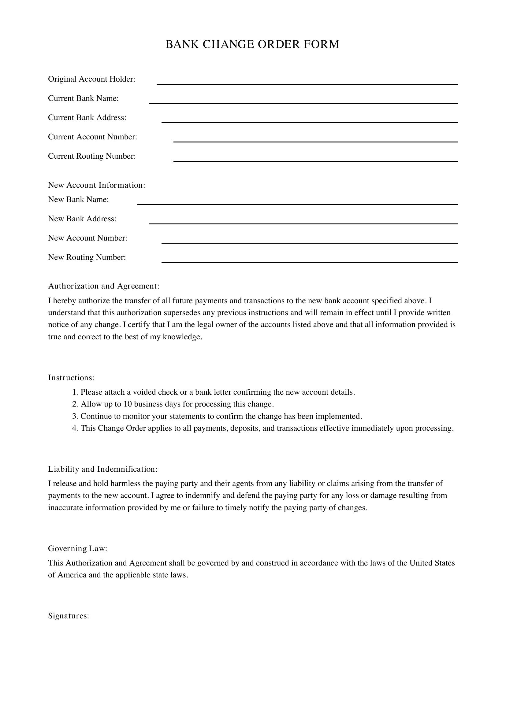 Bank Change Order Form Template - US