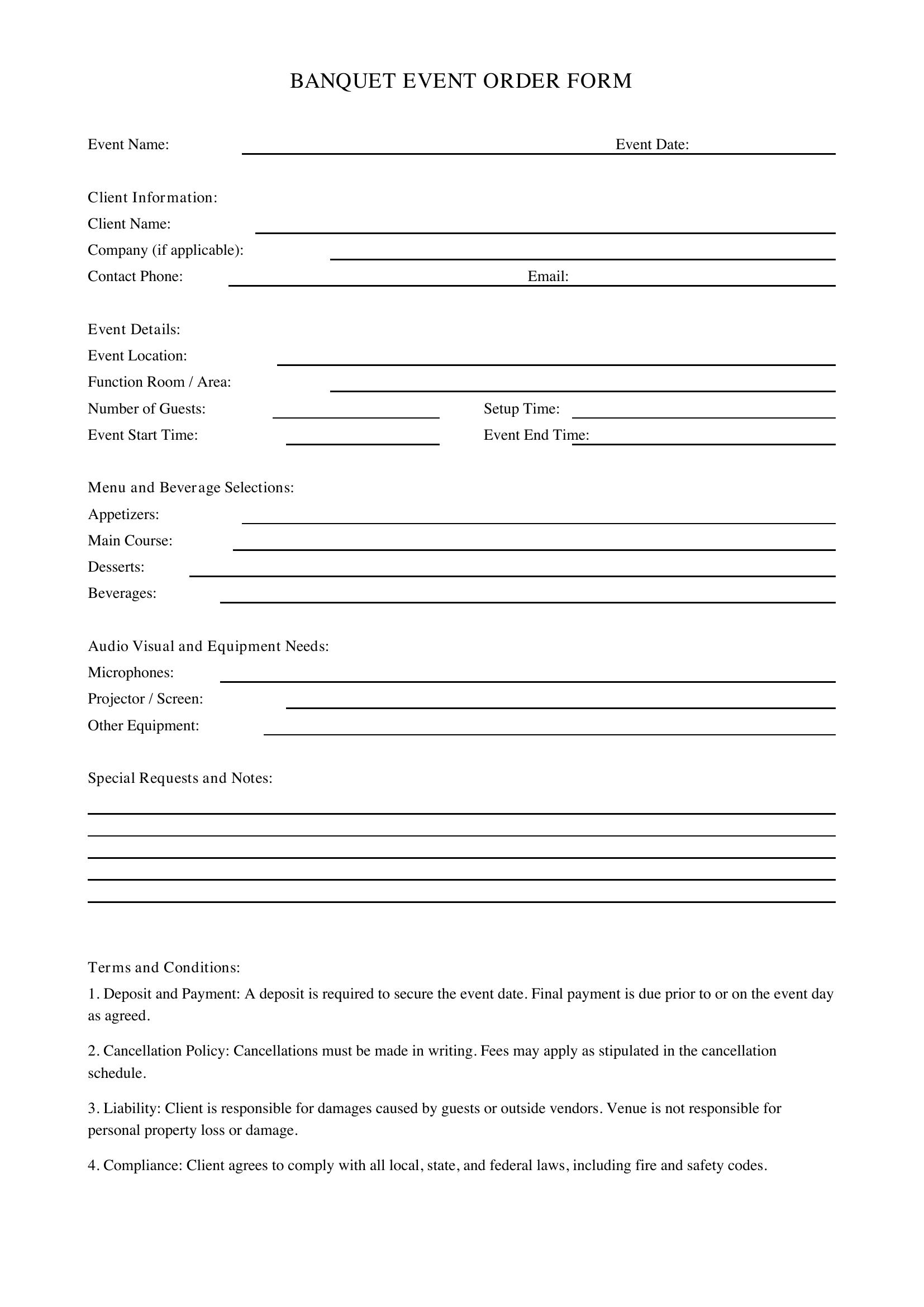 Banquet Event Order Form Template - US
