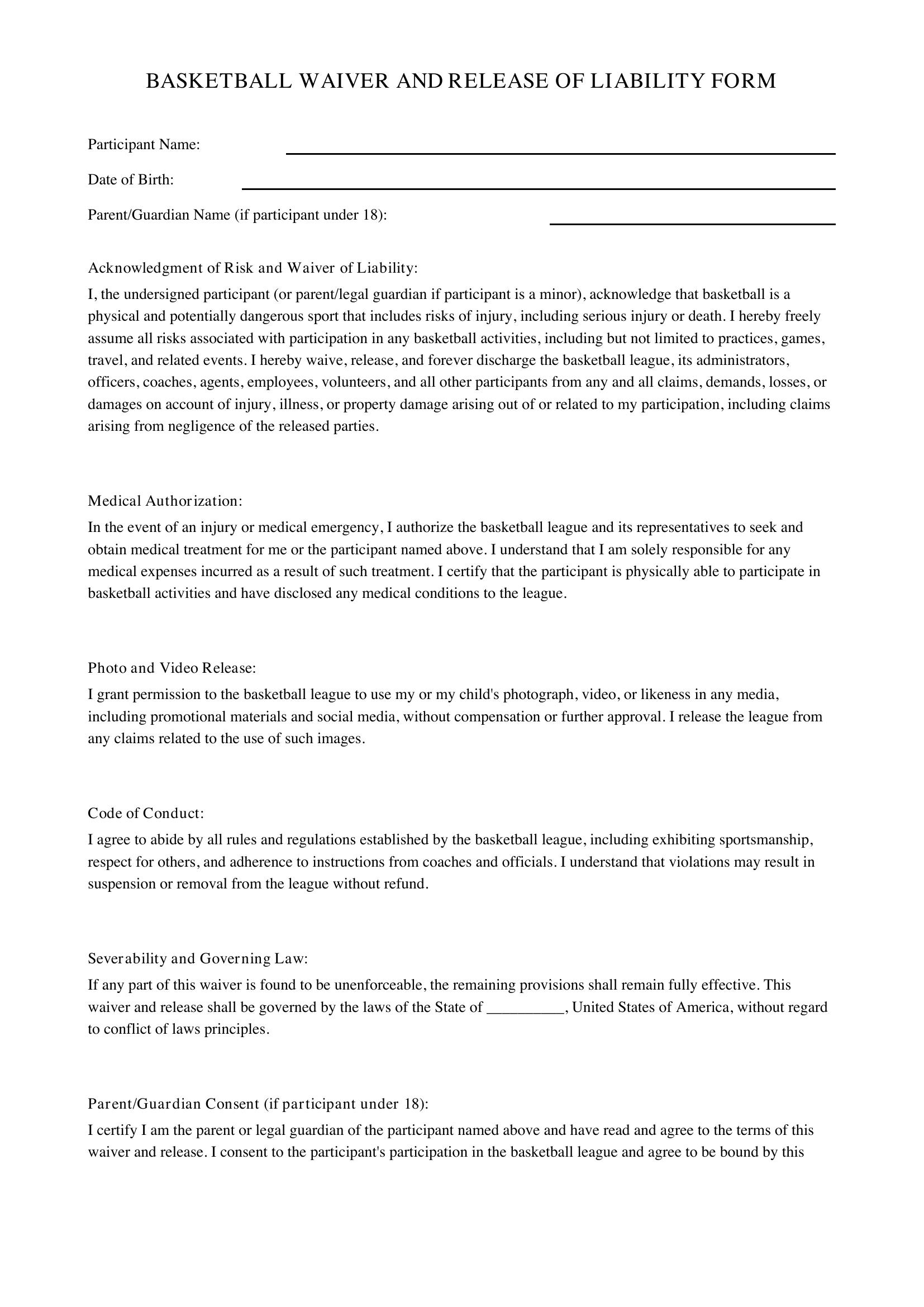 Basketball Waiver Form Template - US
