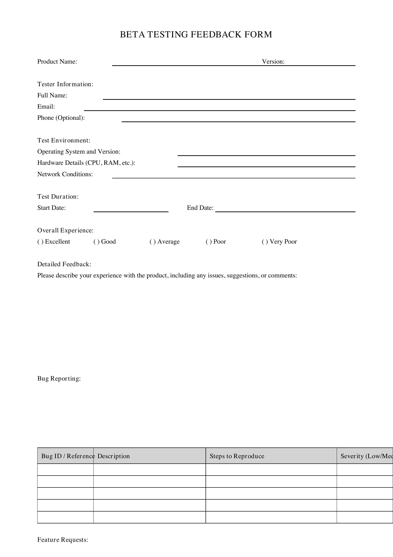 Beta Testing Feedback Form Template - US