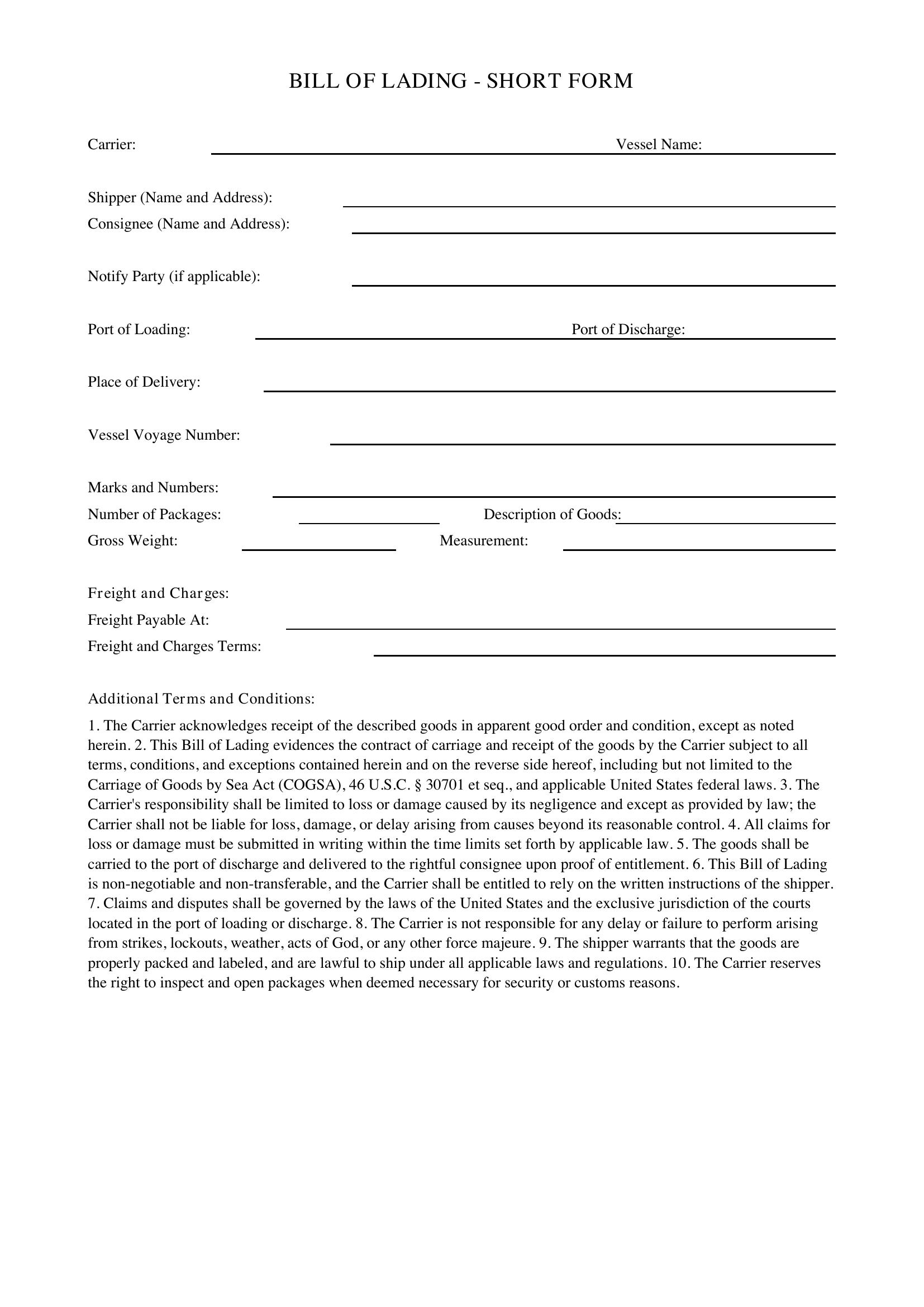 Bill Of Lading Short Form Template - US