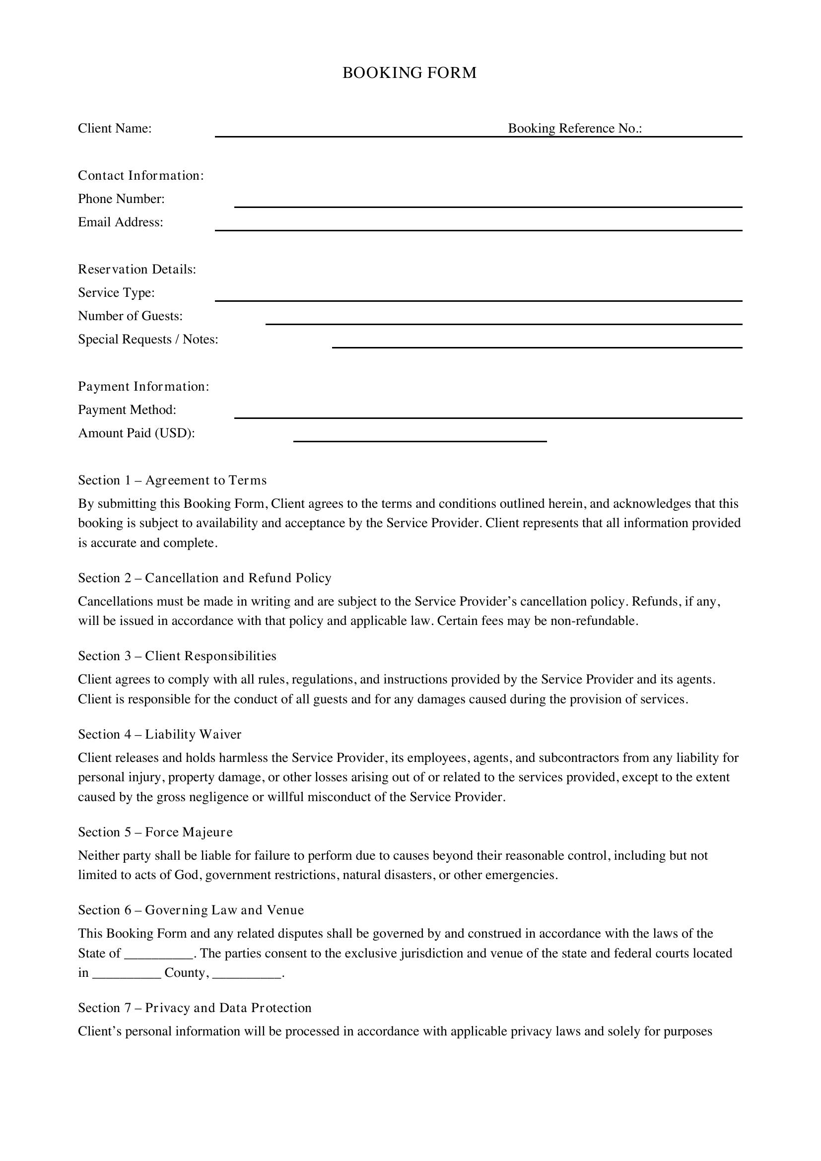 Booking Form Template - US