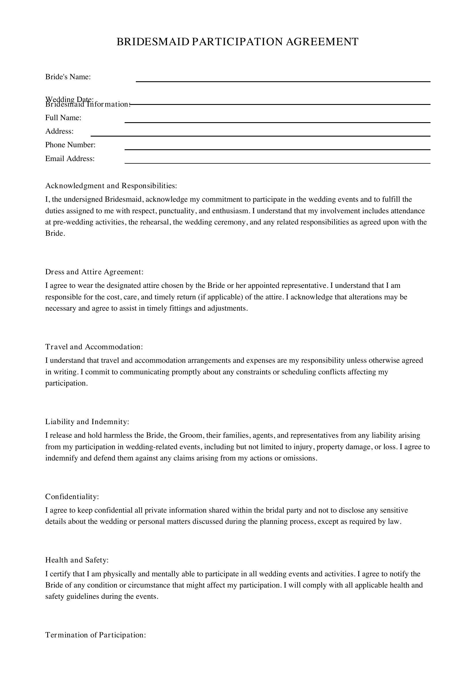Bridesmaid Form Template - US