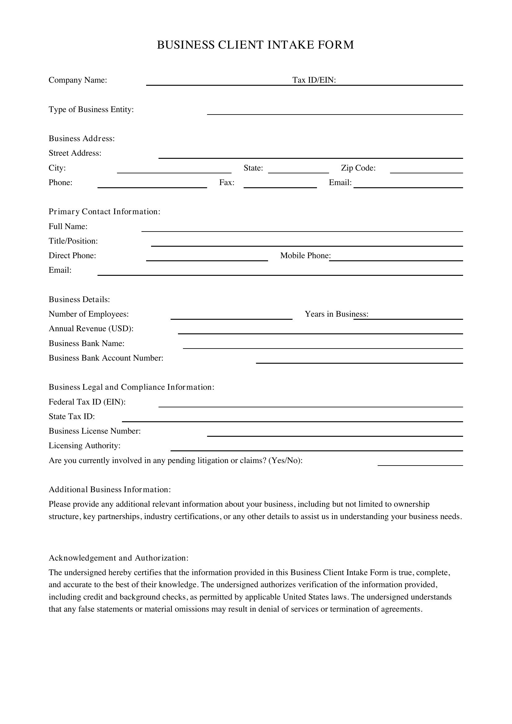 Business Client Intake Form Template - US