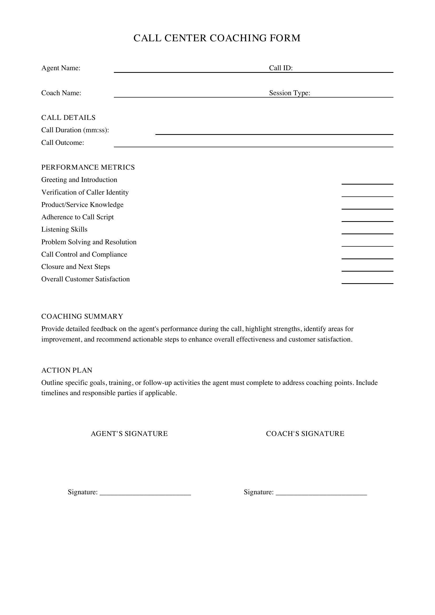 Call Center Coaching Form Template - US