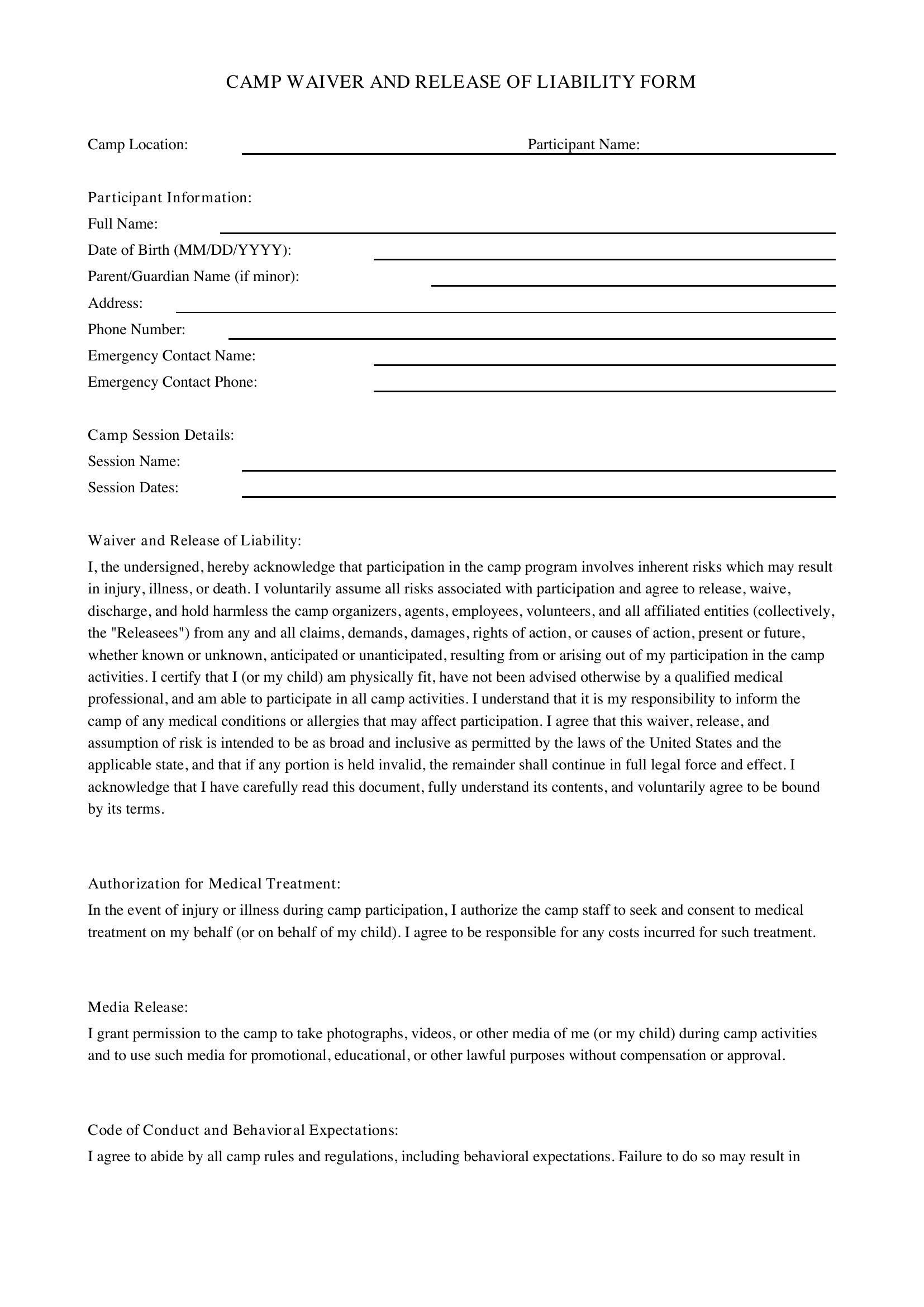 Camp Waiver Form Template - US