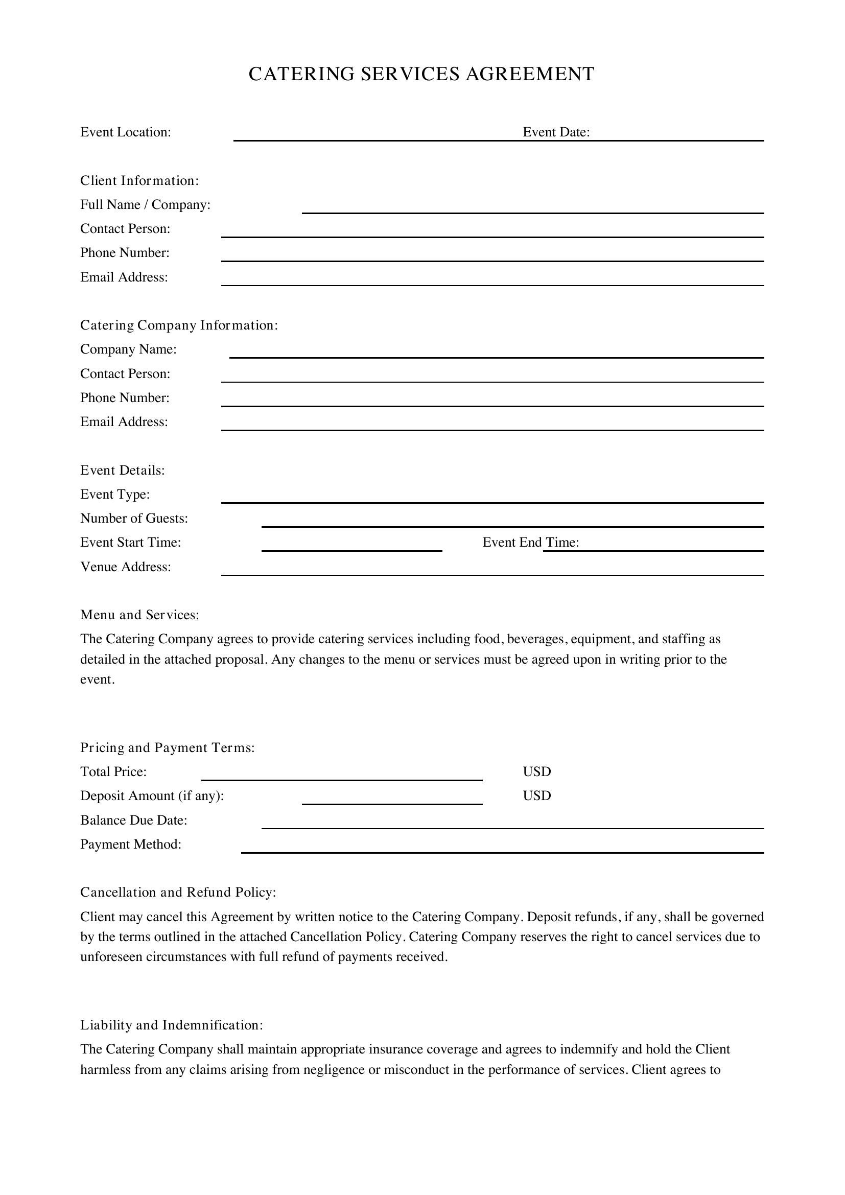 Catering Form Template - US