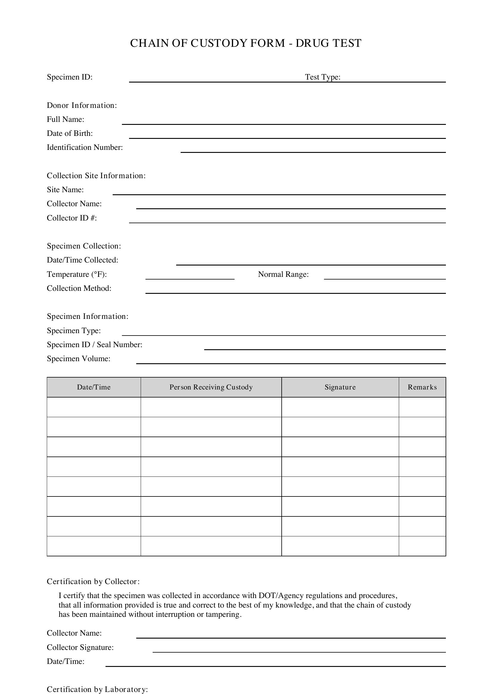 Chain Of Custody Form Drug Test Template - US