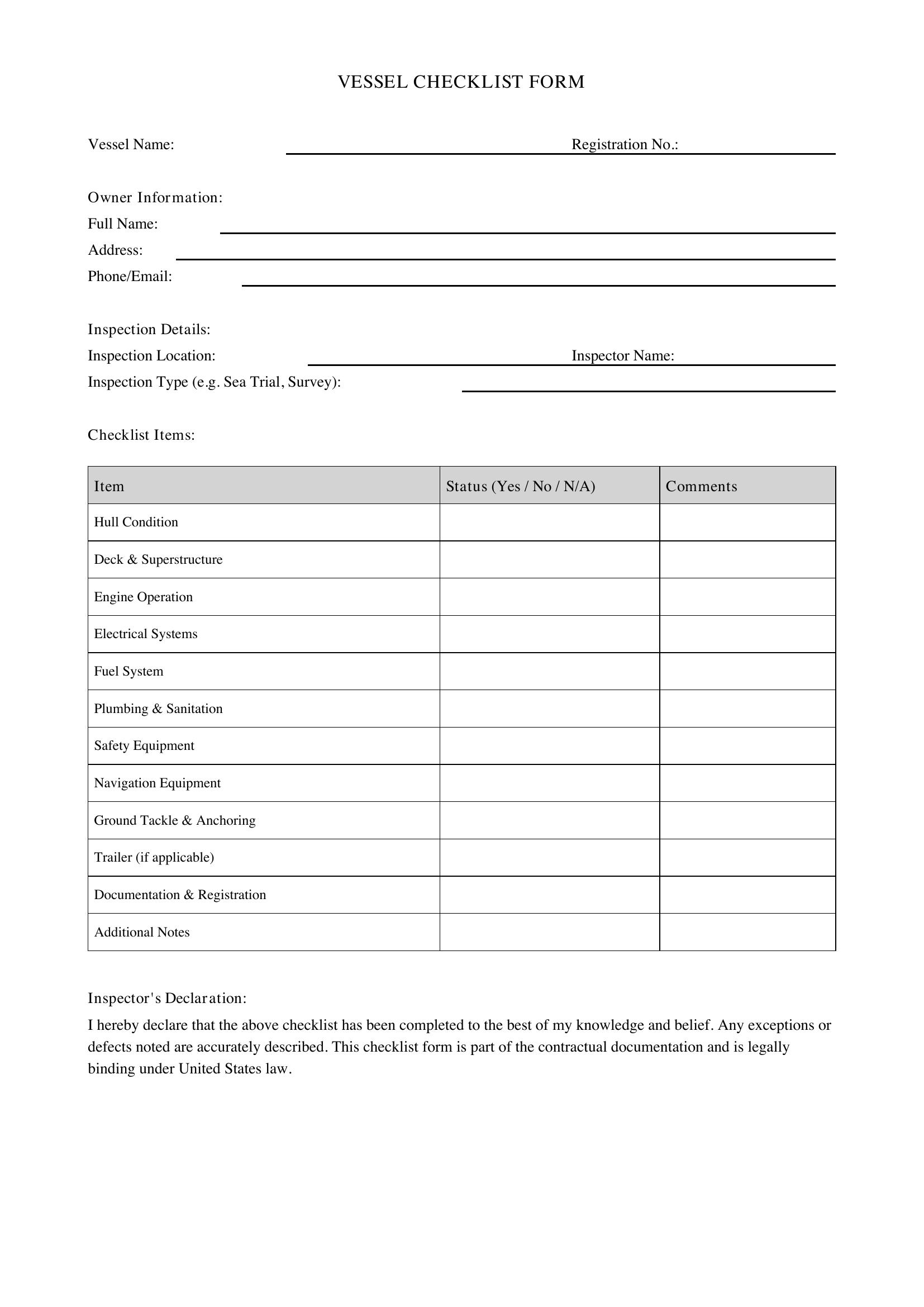 Checklist Form Template - US