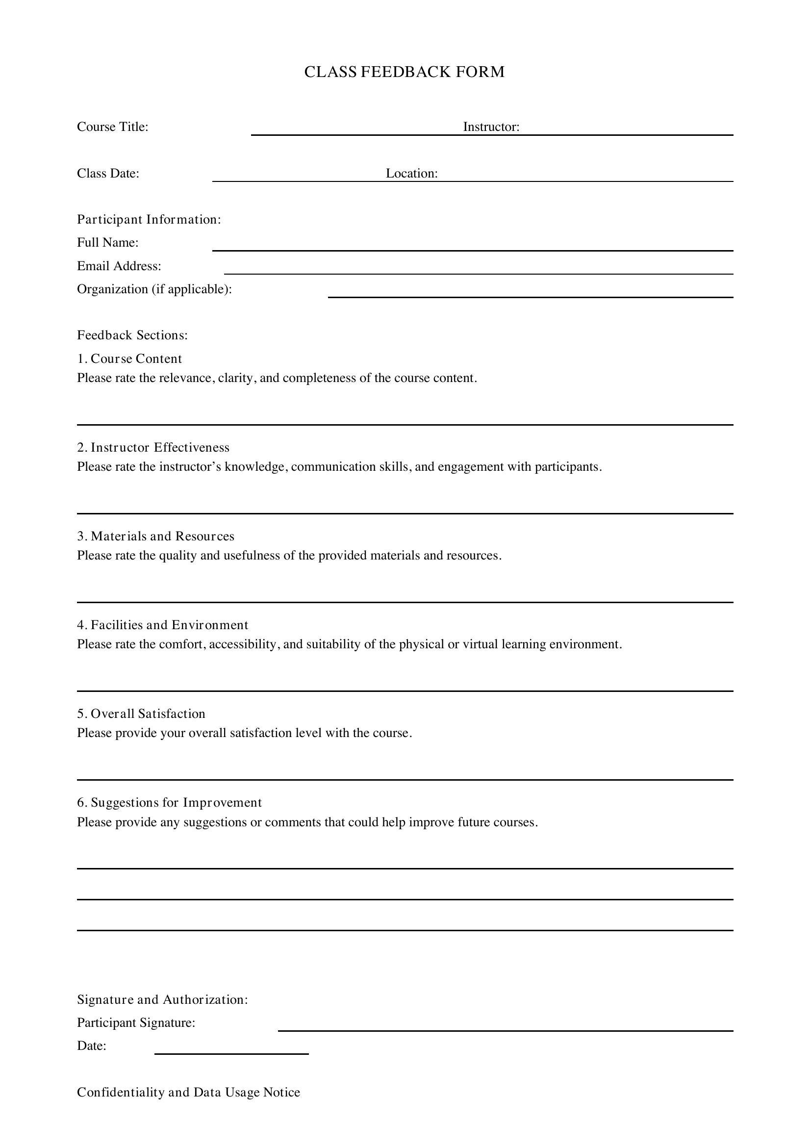 Class Feedback Form Template - US