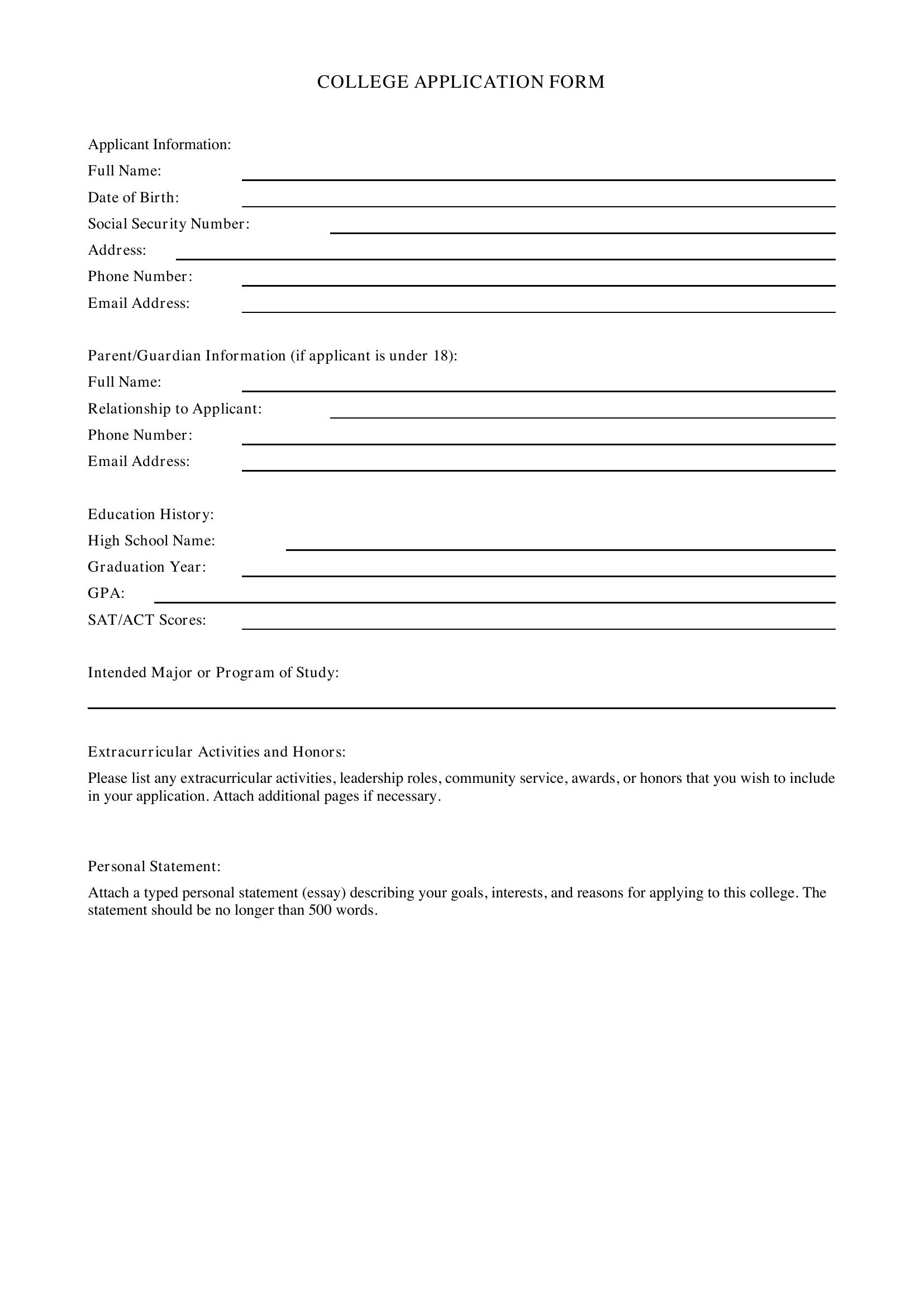 College Application Form Template - US