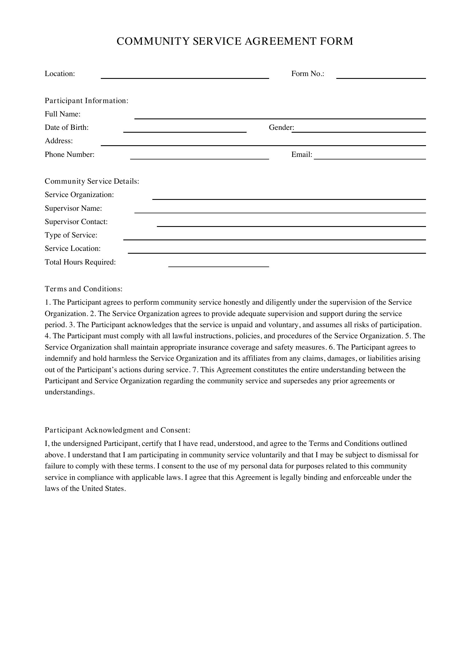 Community Service Form Template - US