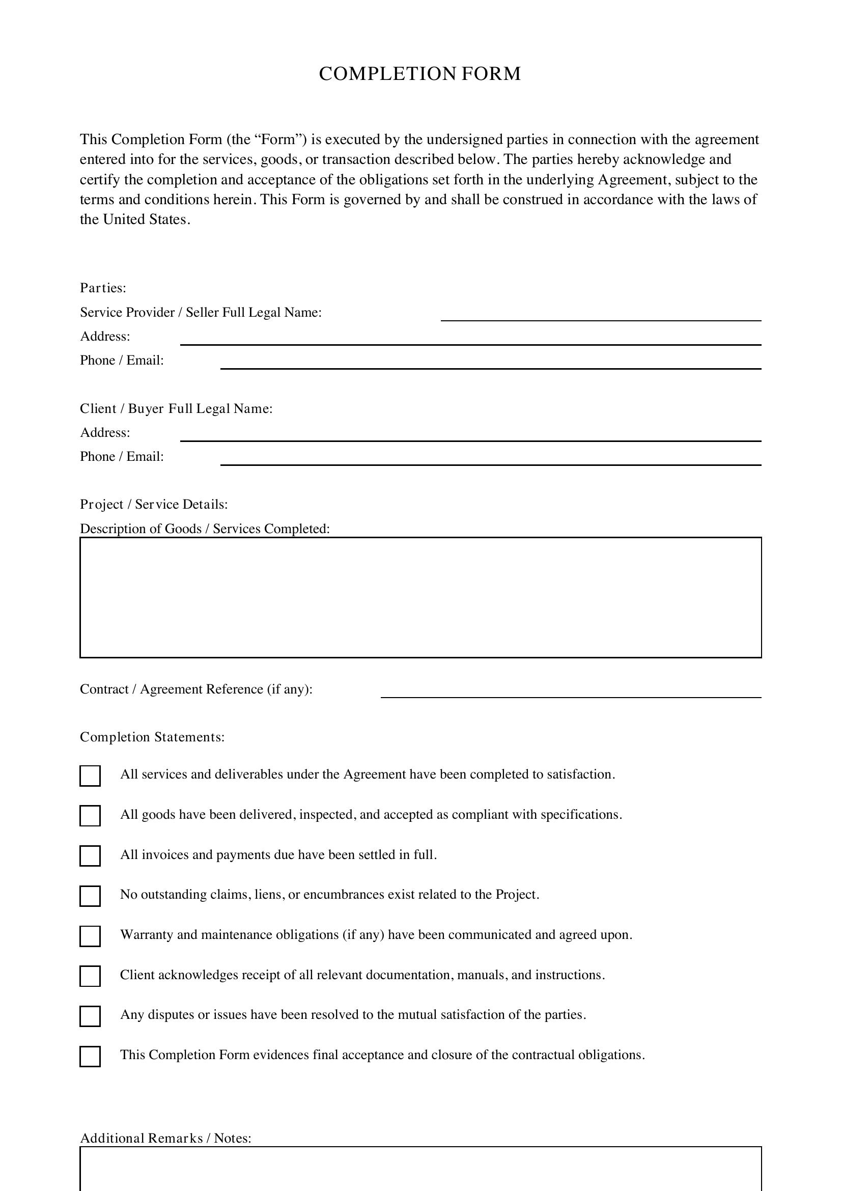 Completion Form Template - US