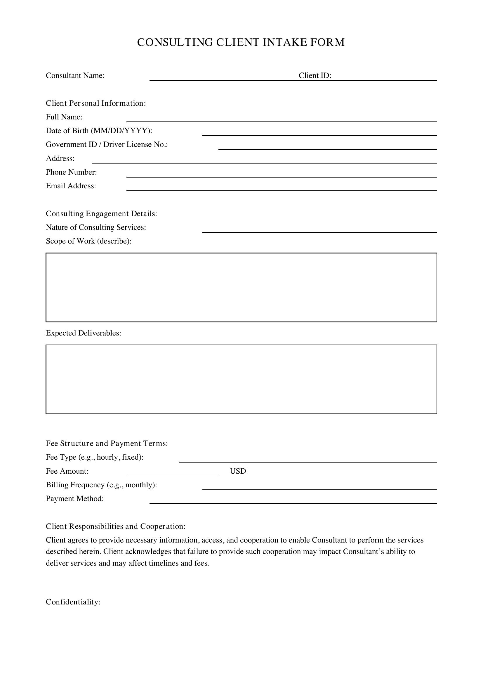 Consulting Client Intake Form Template - US