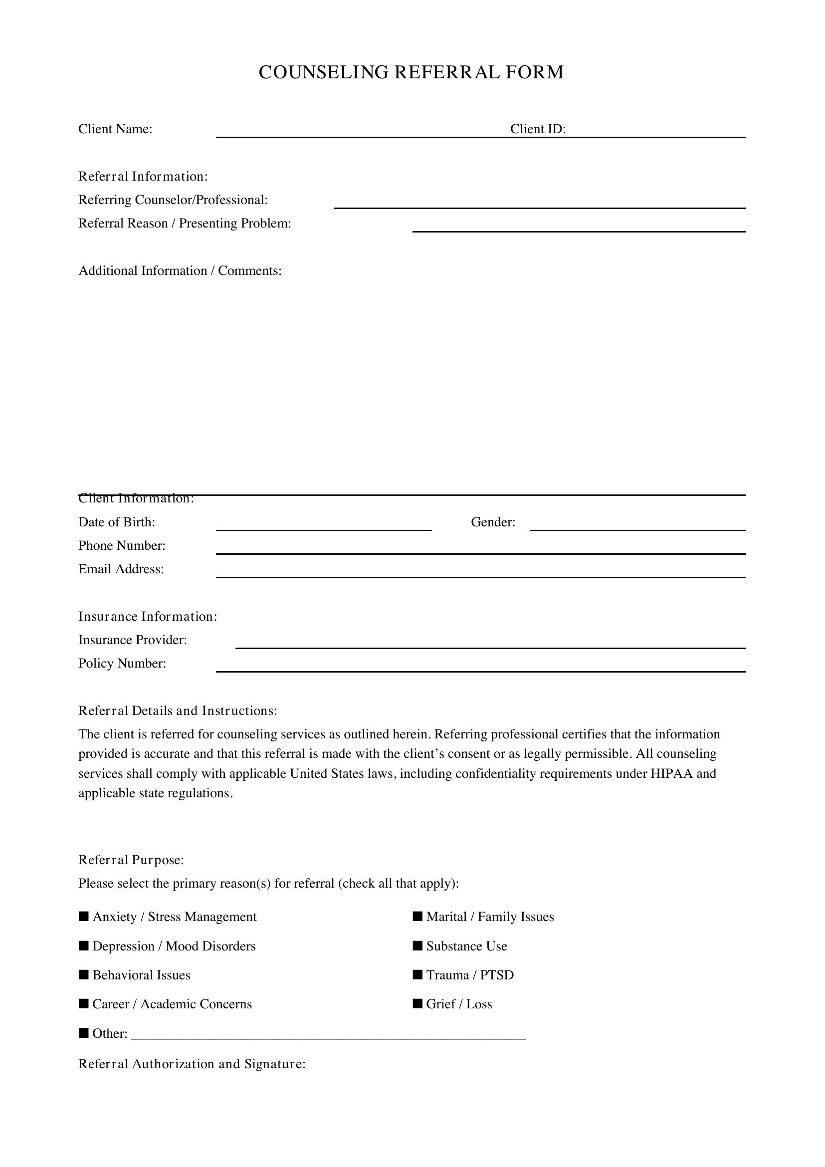 Counseling Referral Form Template - US