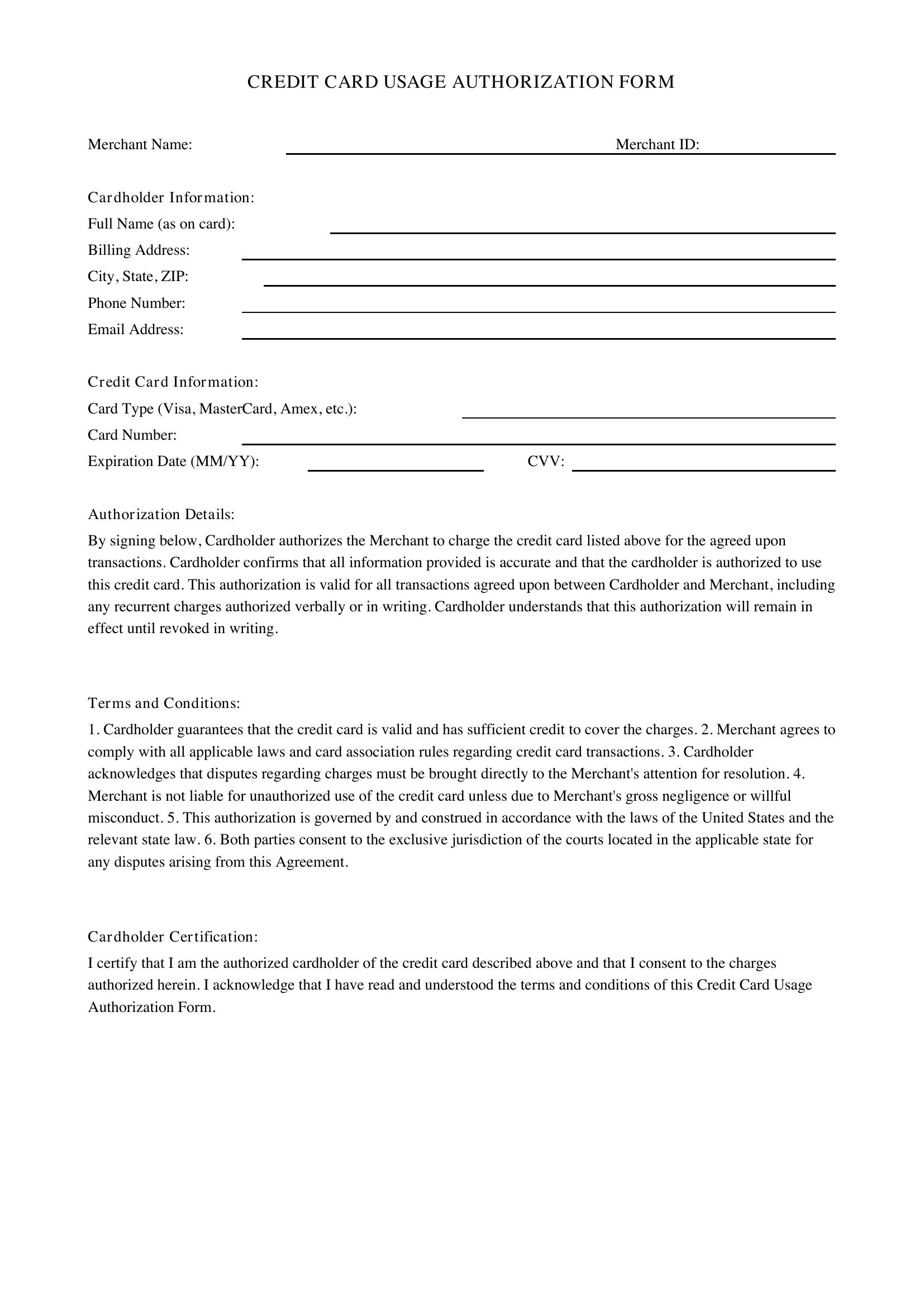 Credit Card Usage Form Template - US