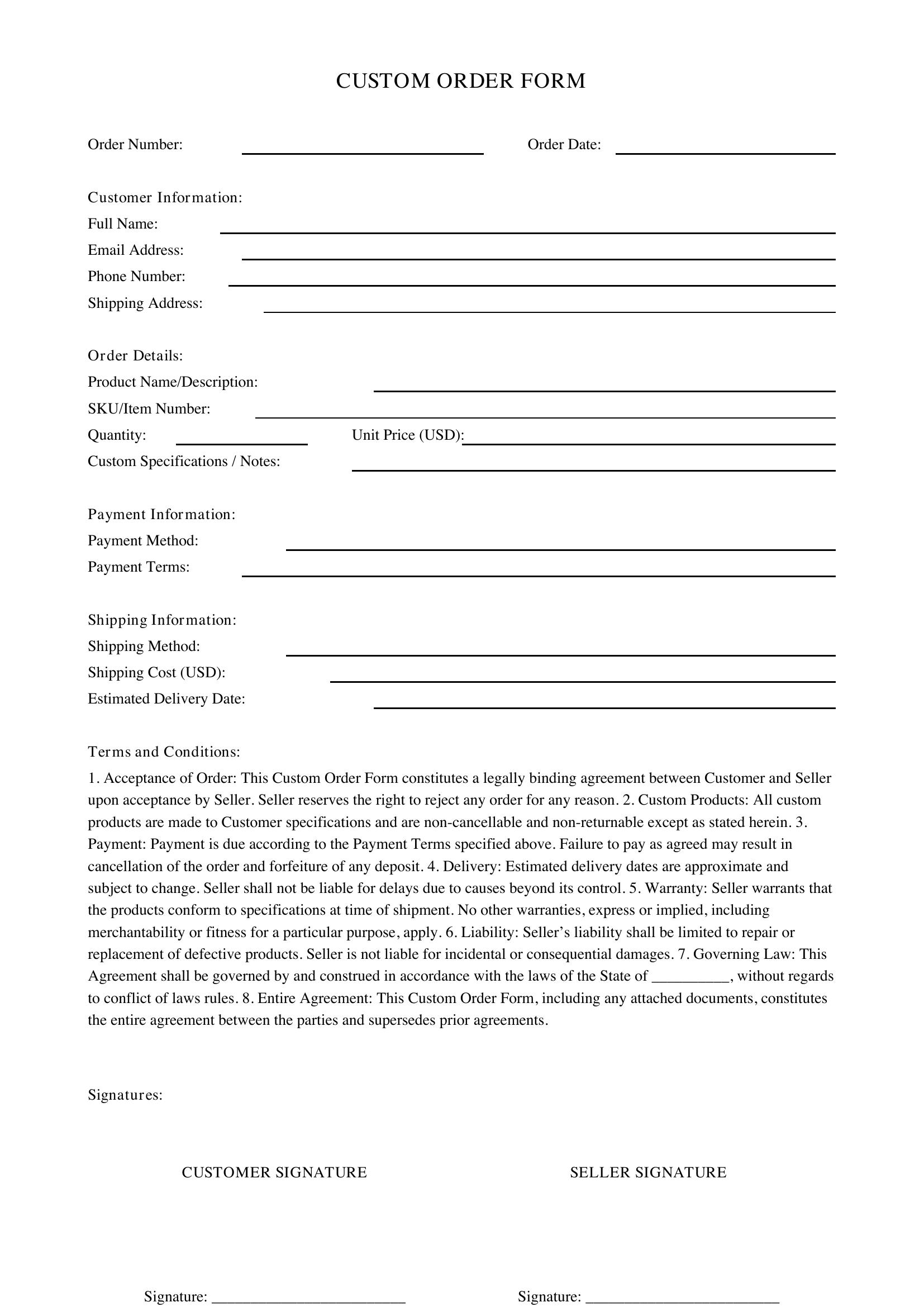 Custom Order Form Template - US