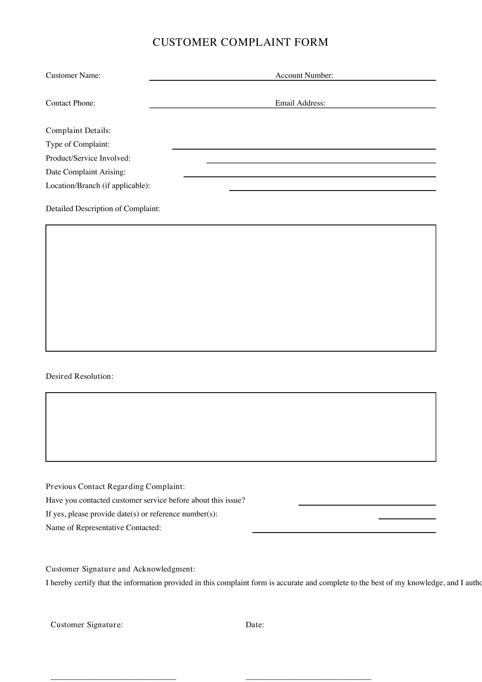 Customer Complaint Form Template - US