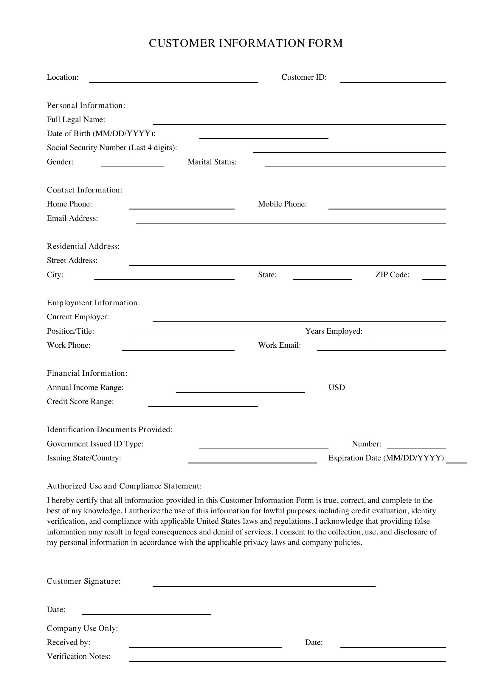 Customer Information Form Template - US