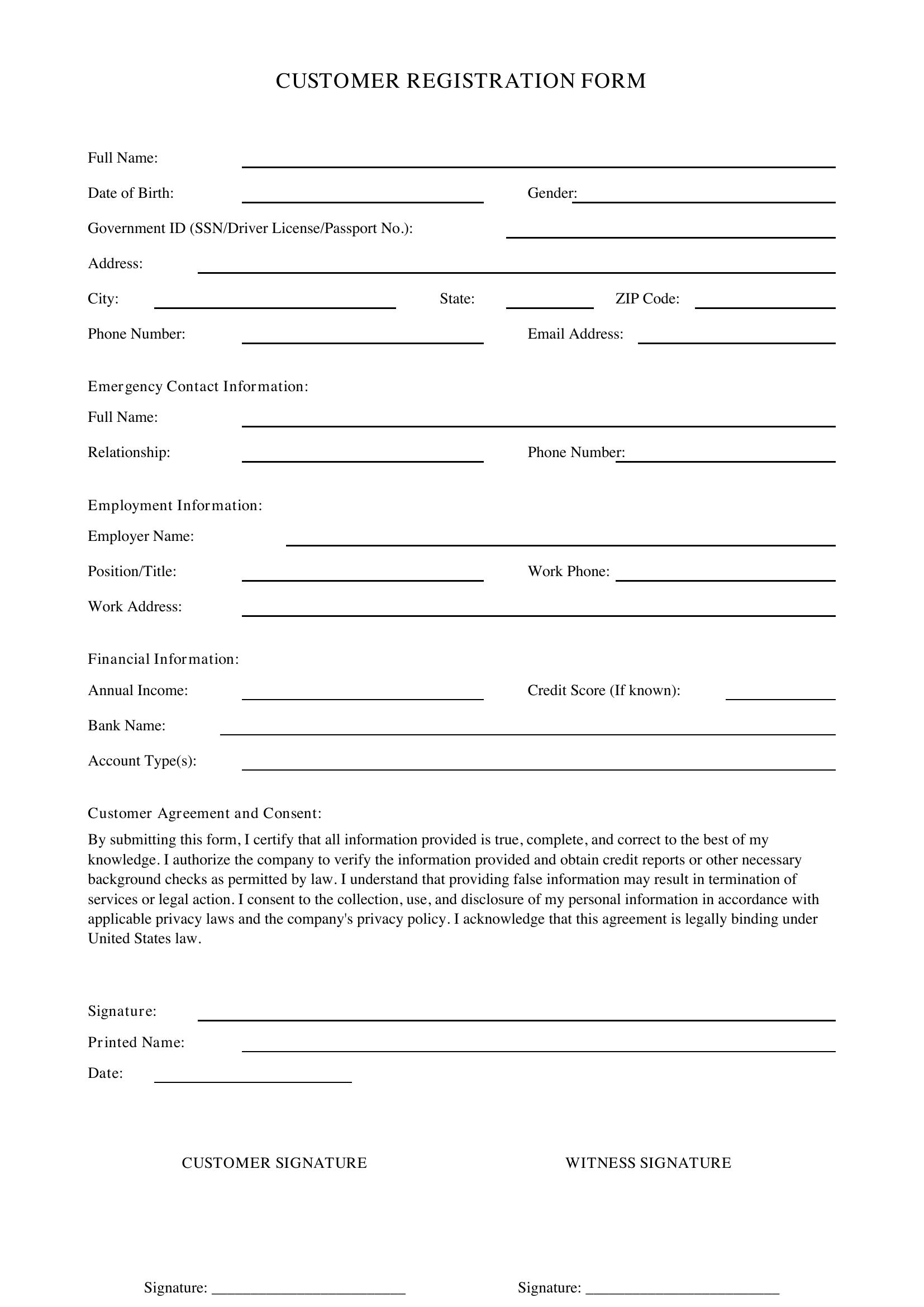 Customer Registration Form Template - US