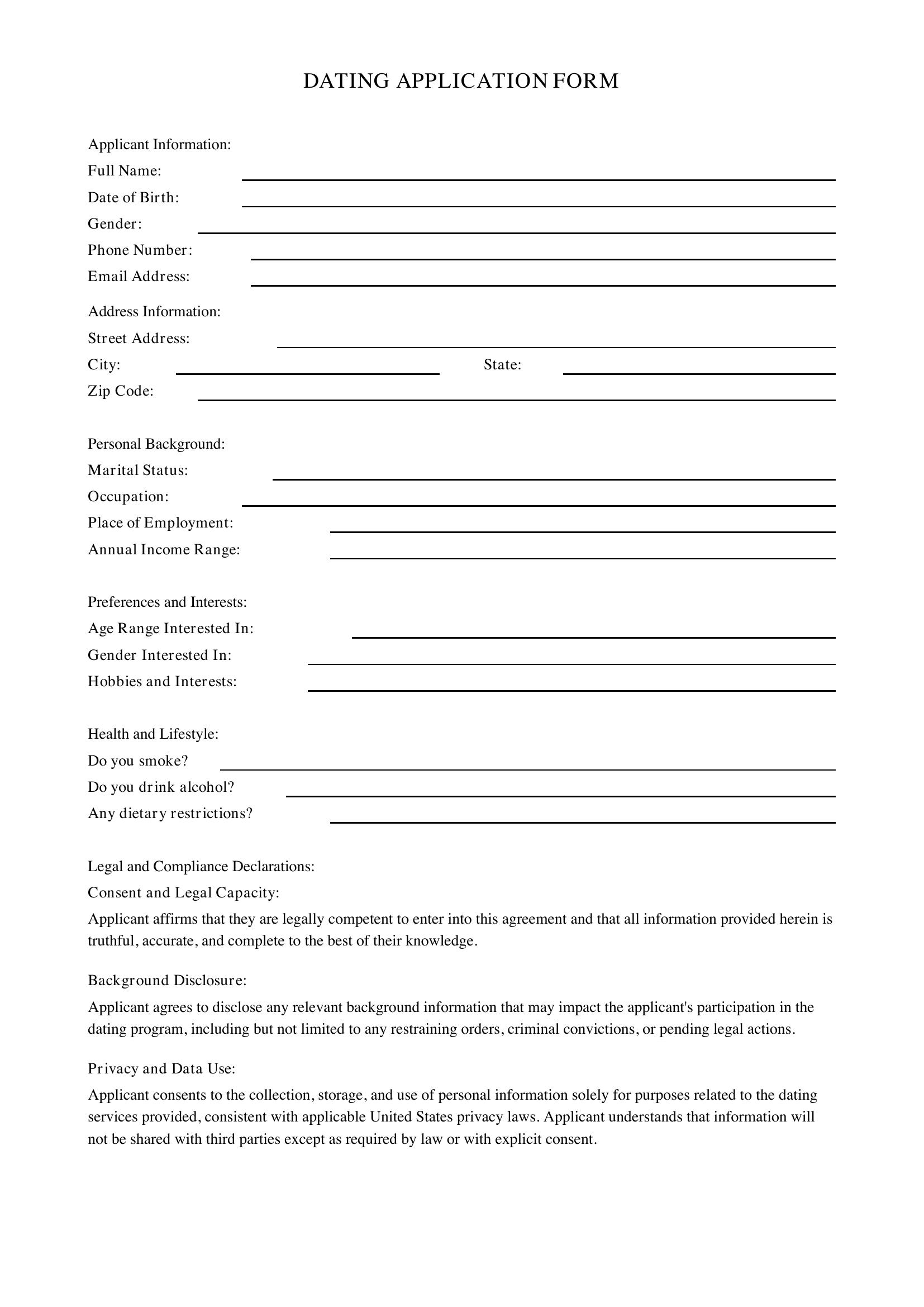Dating Application Form Template - US