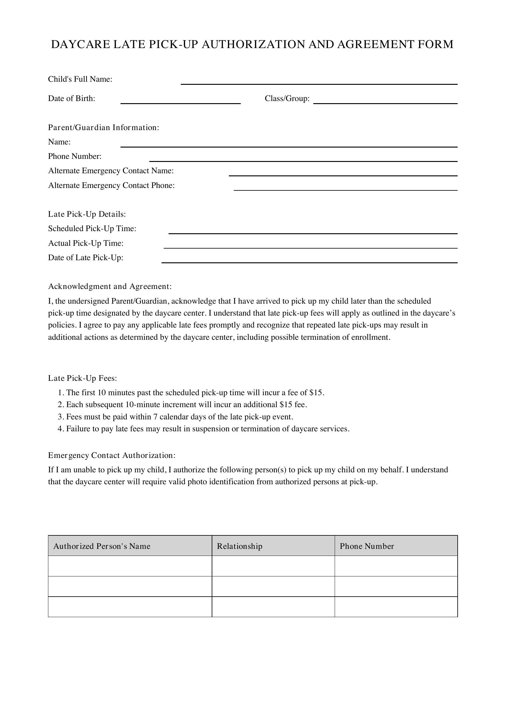 Daycare Late Pick Up Form Template - US