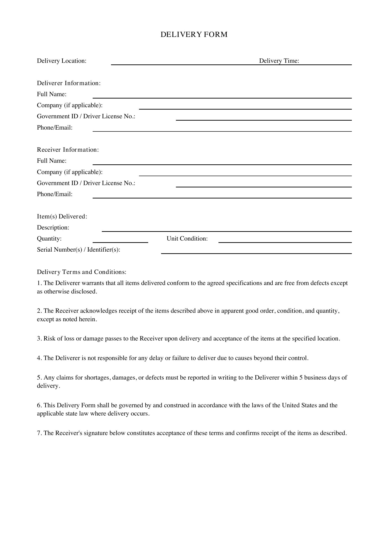 Delivery Form Template - US