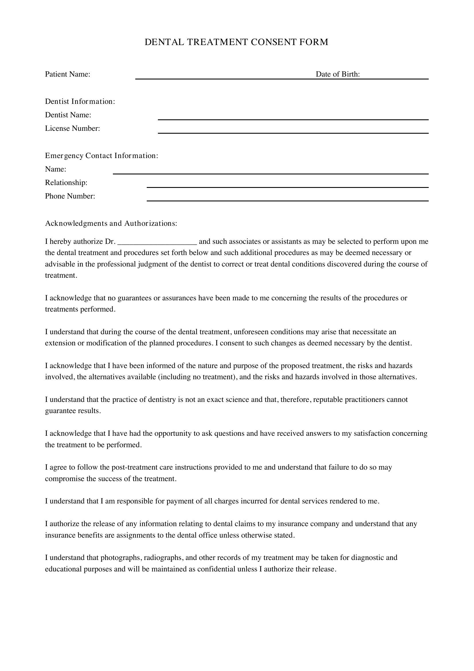 Dental Treatment Consent Form Template - US