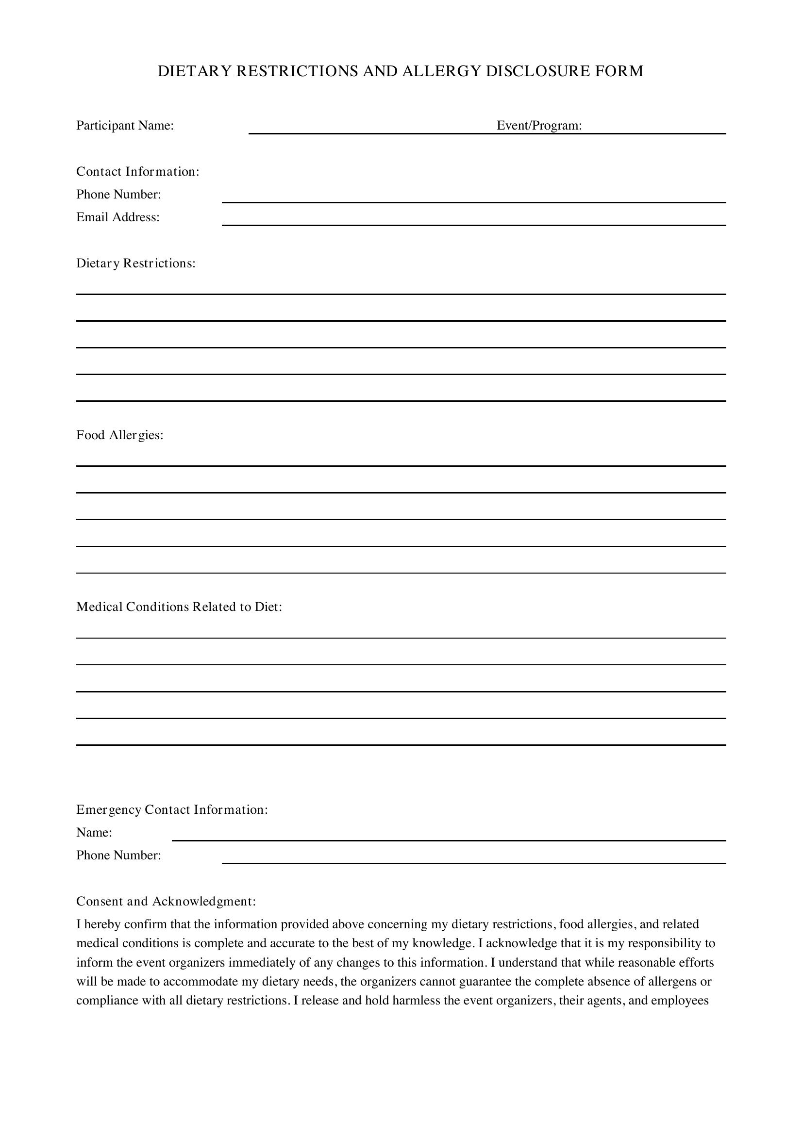 Dietary Restrictions Form Template - US