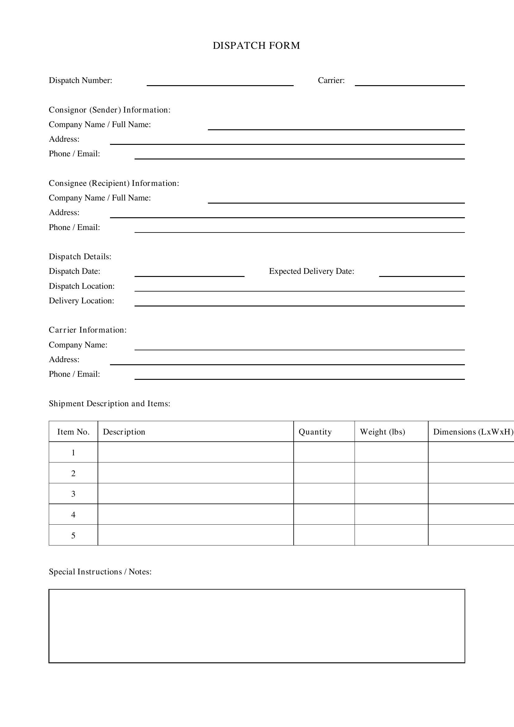Dispatch Form Template - US