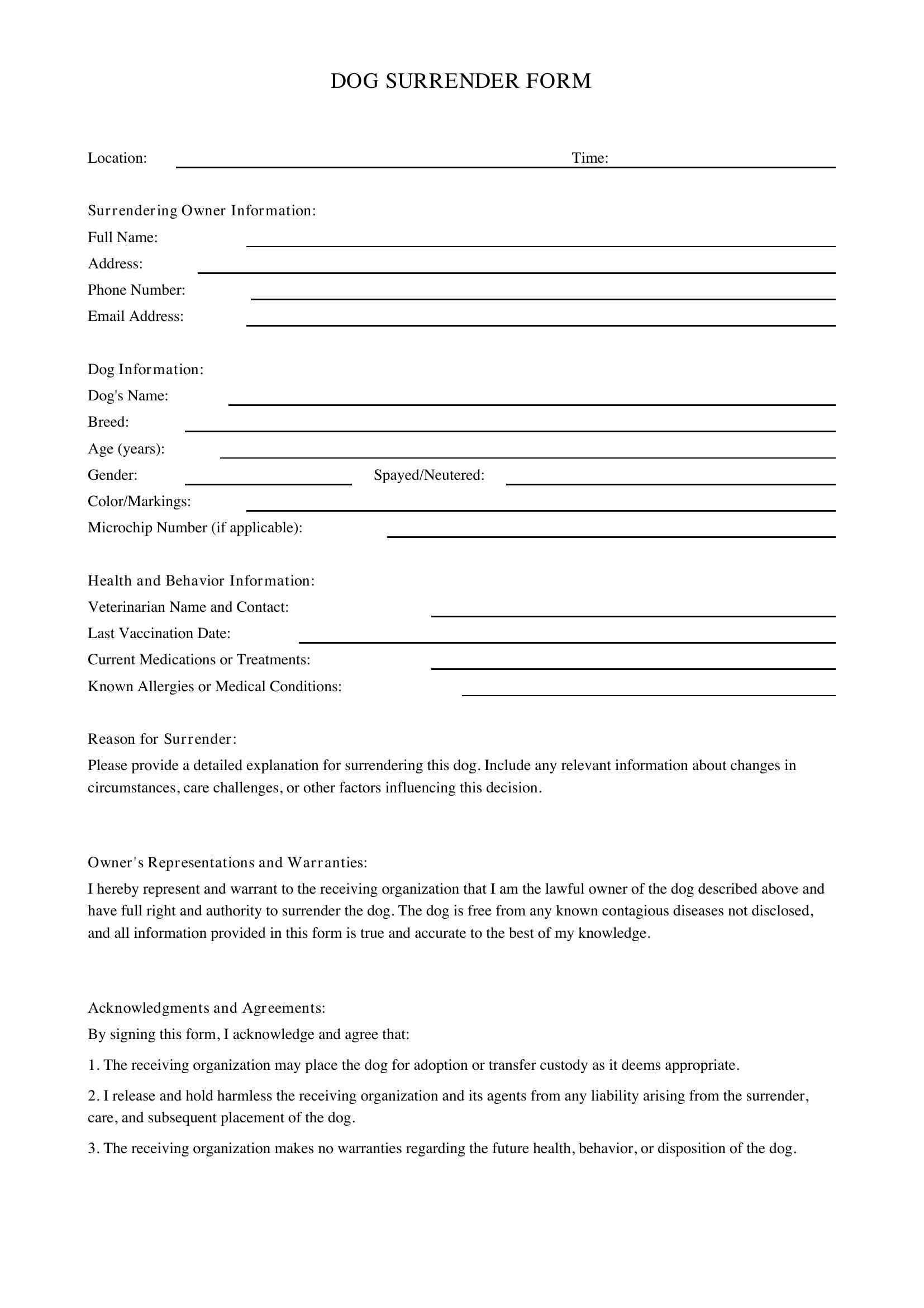 Dog Surrender Form Template - US