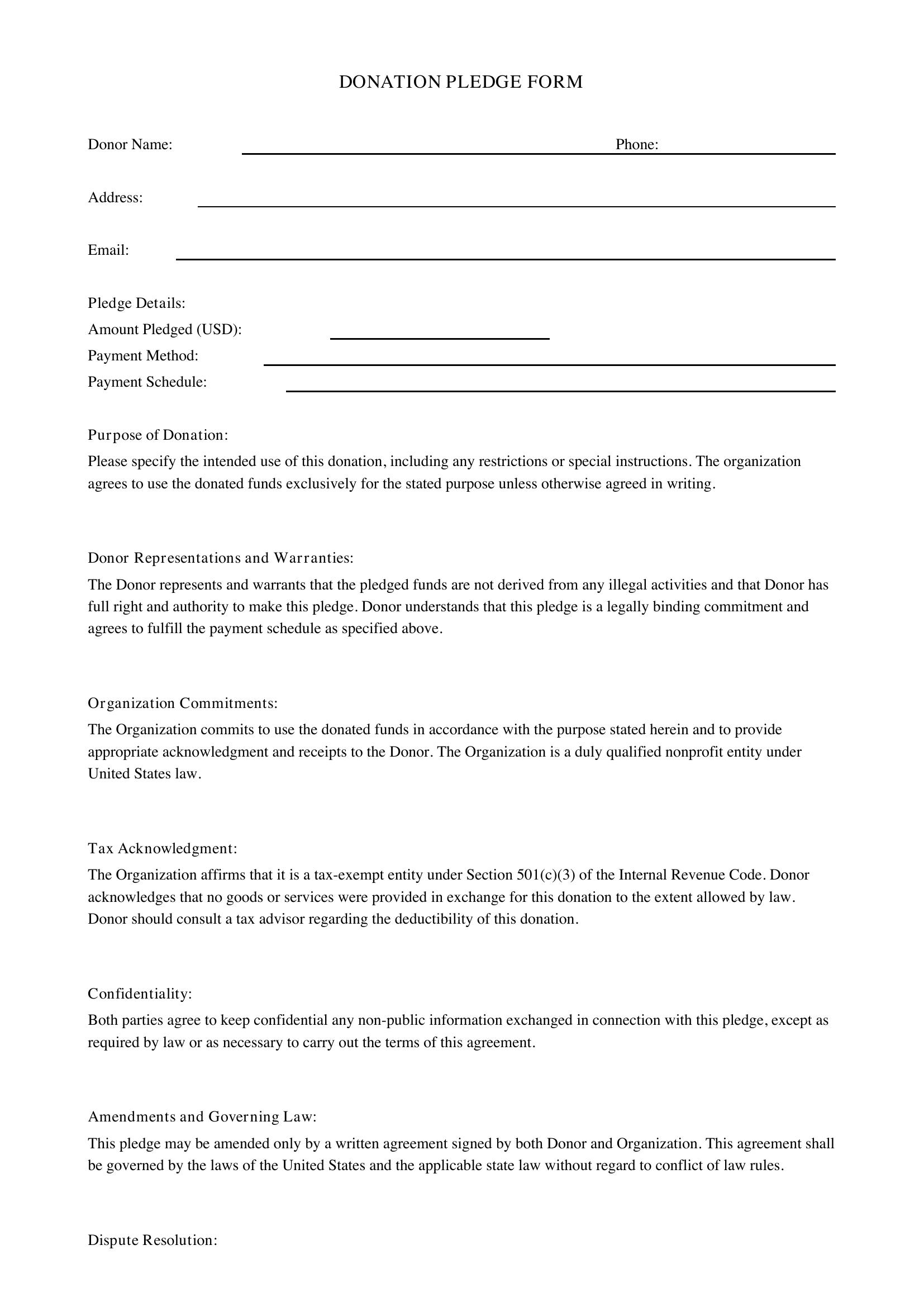 Donation Pledge Form Template - US