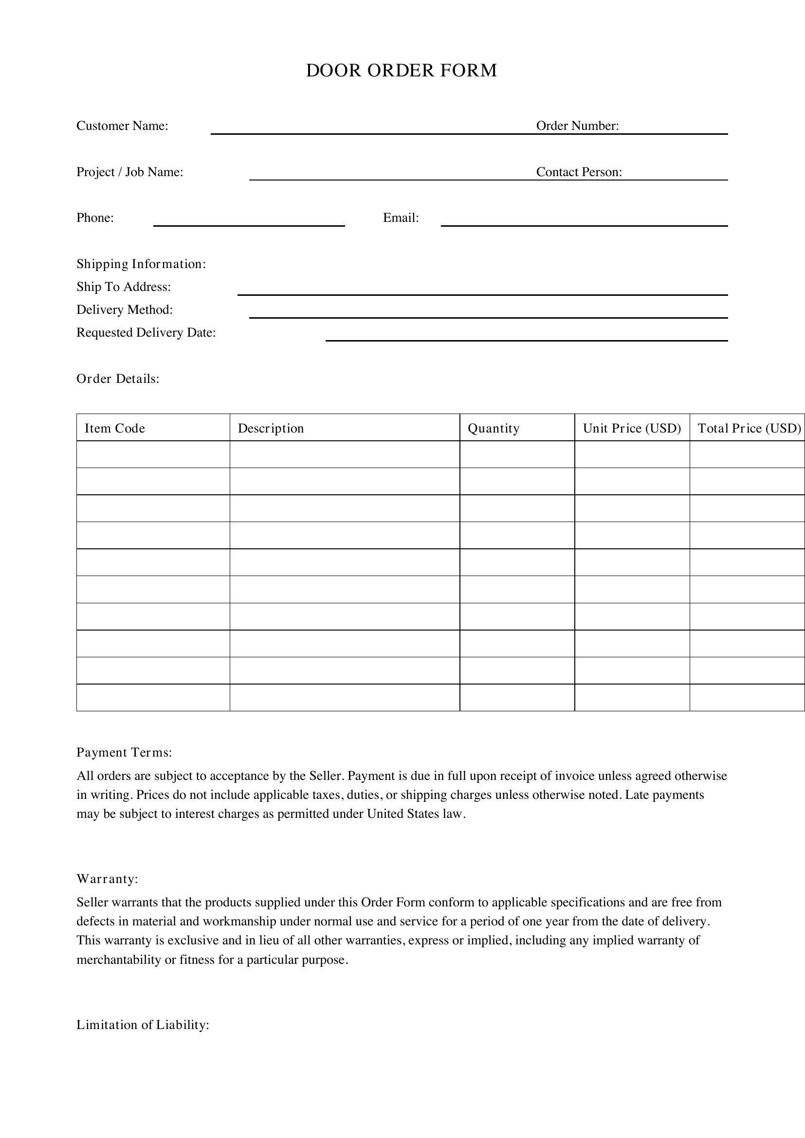 Door Order Form Template - US
