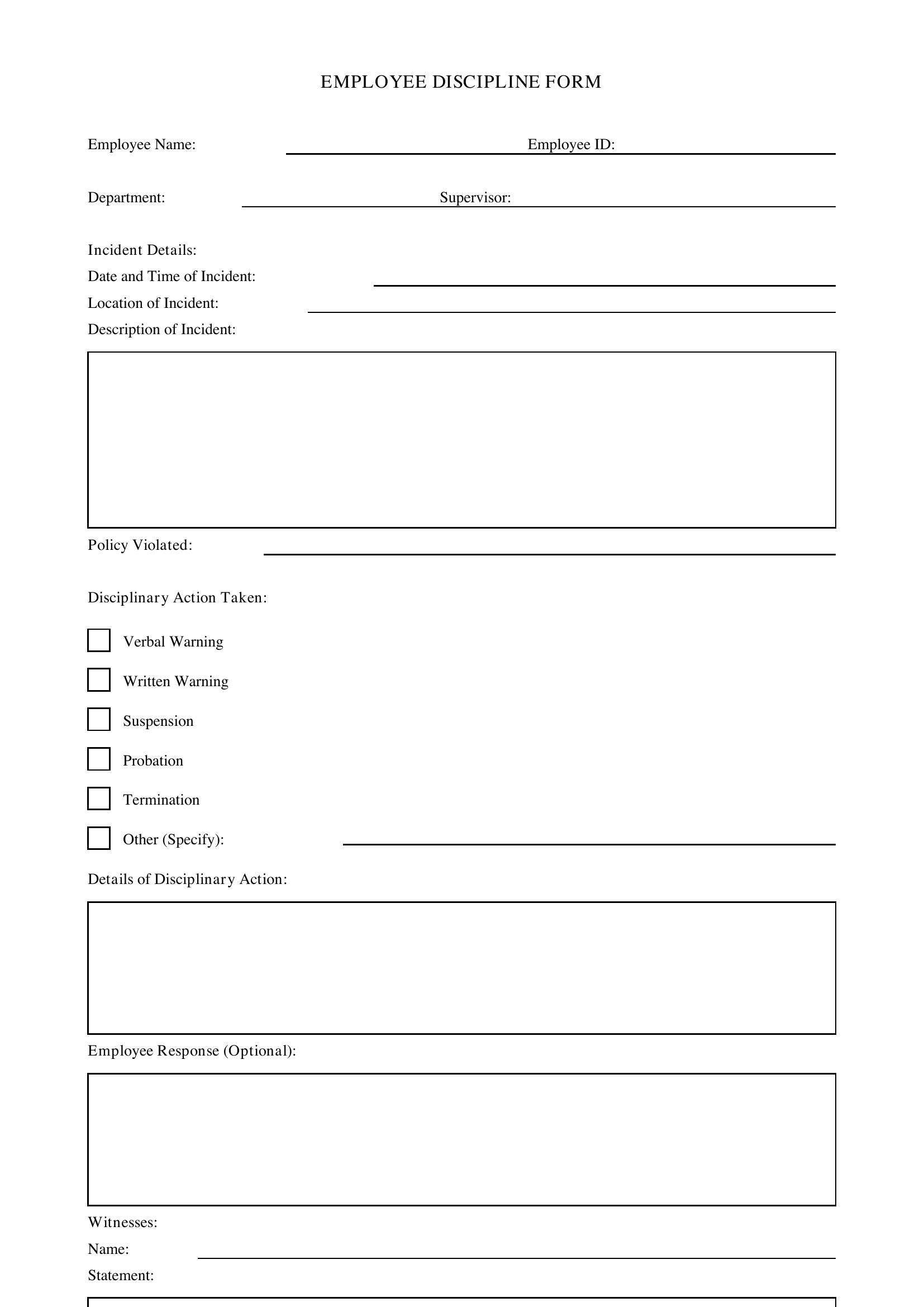 Employee Discipline Form Template - US