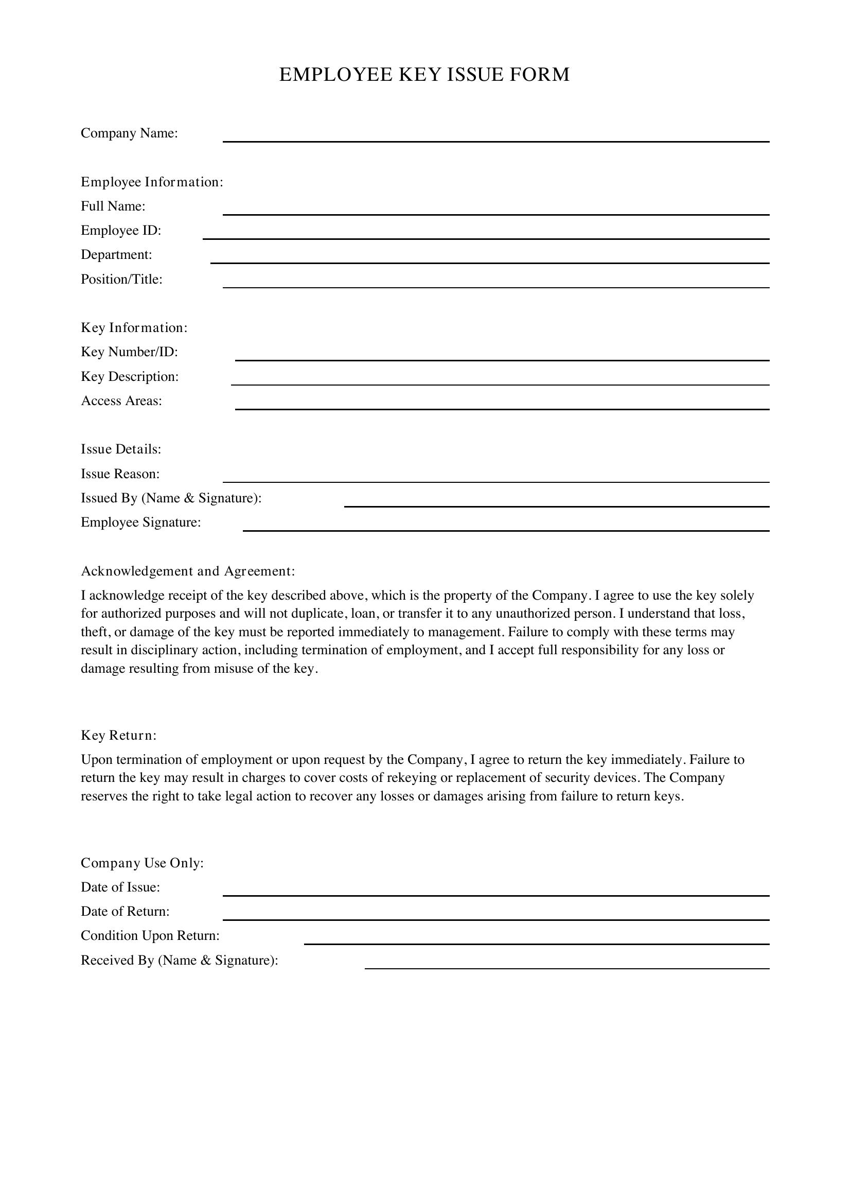 Employee Key Issue Form Template - US