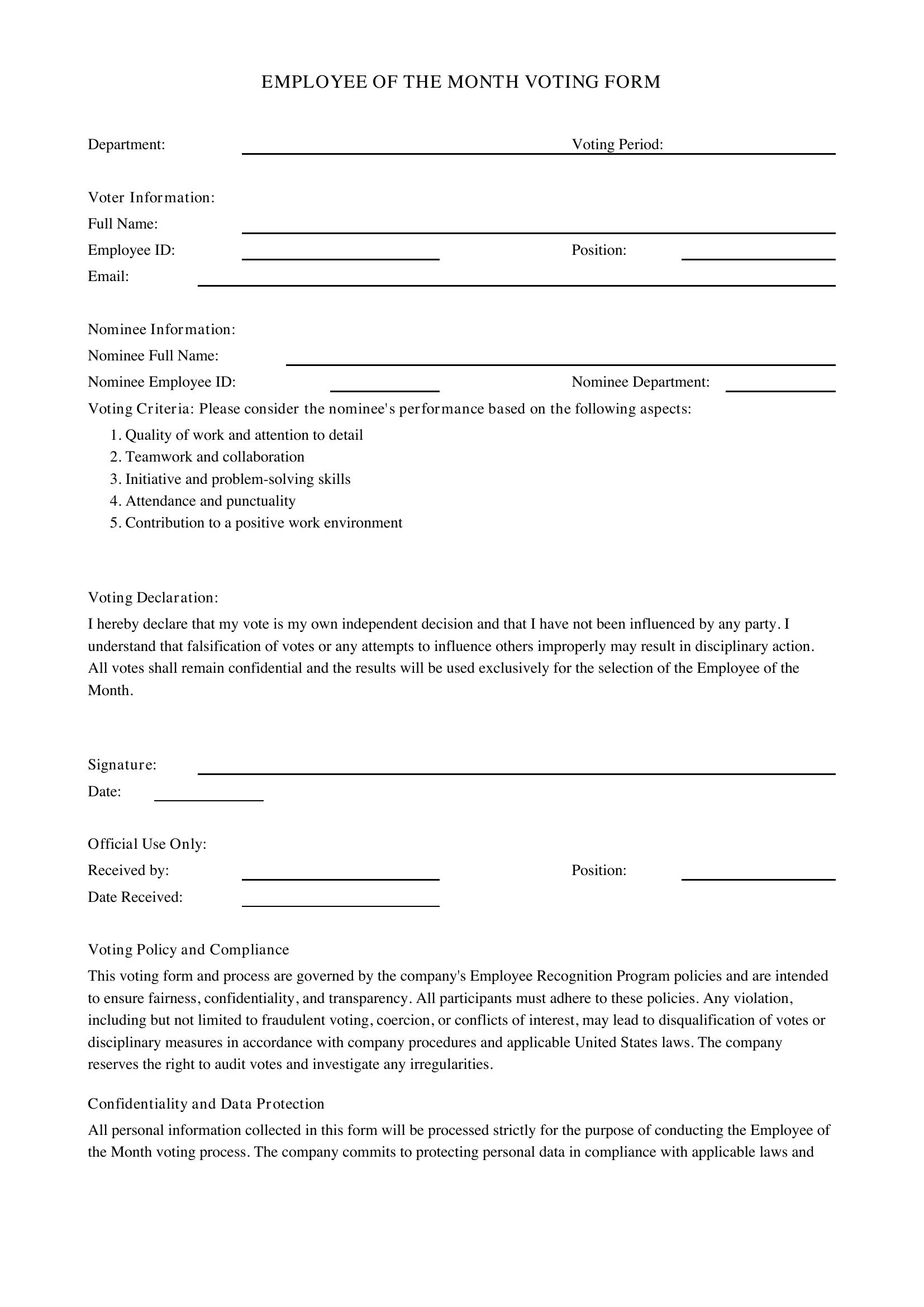 Employee Of The Month Voting Form Template - US