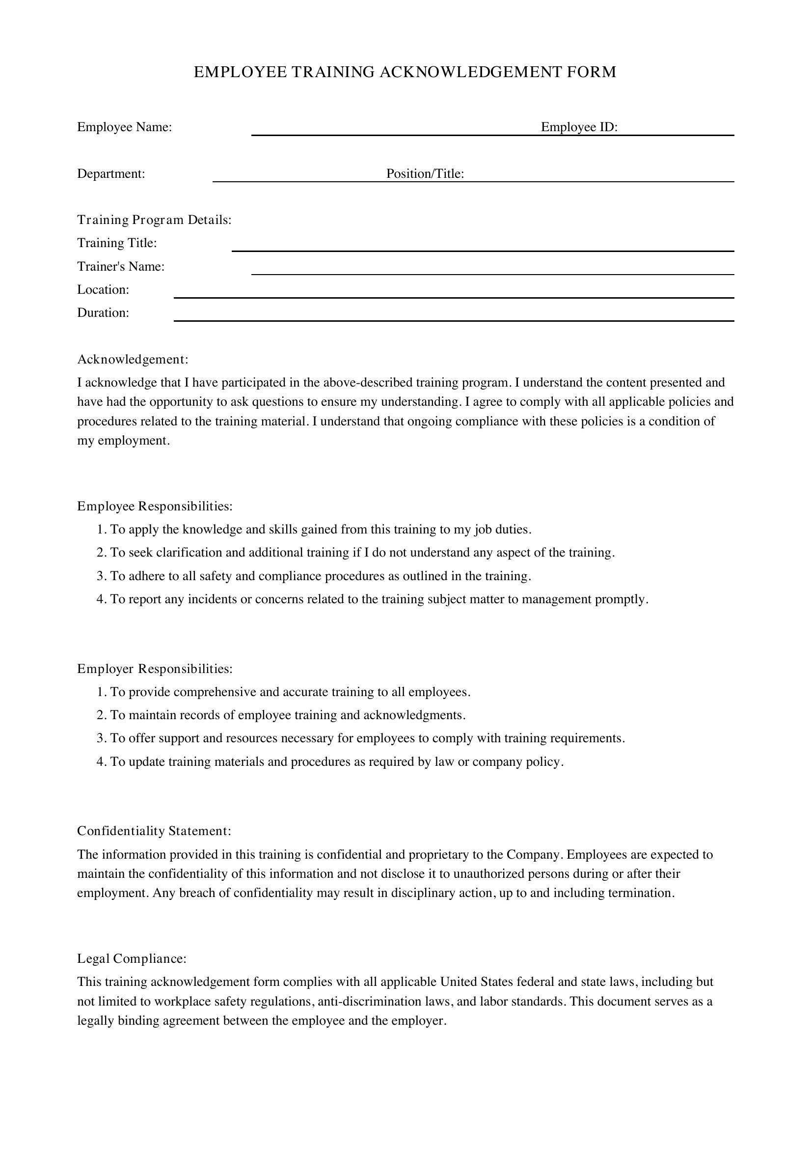 Employee Training Acknowledgement Form Template - US