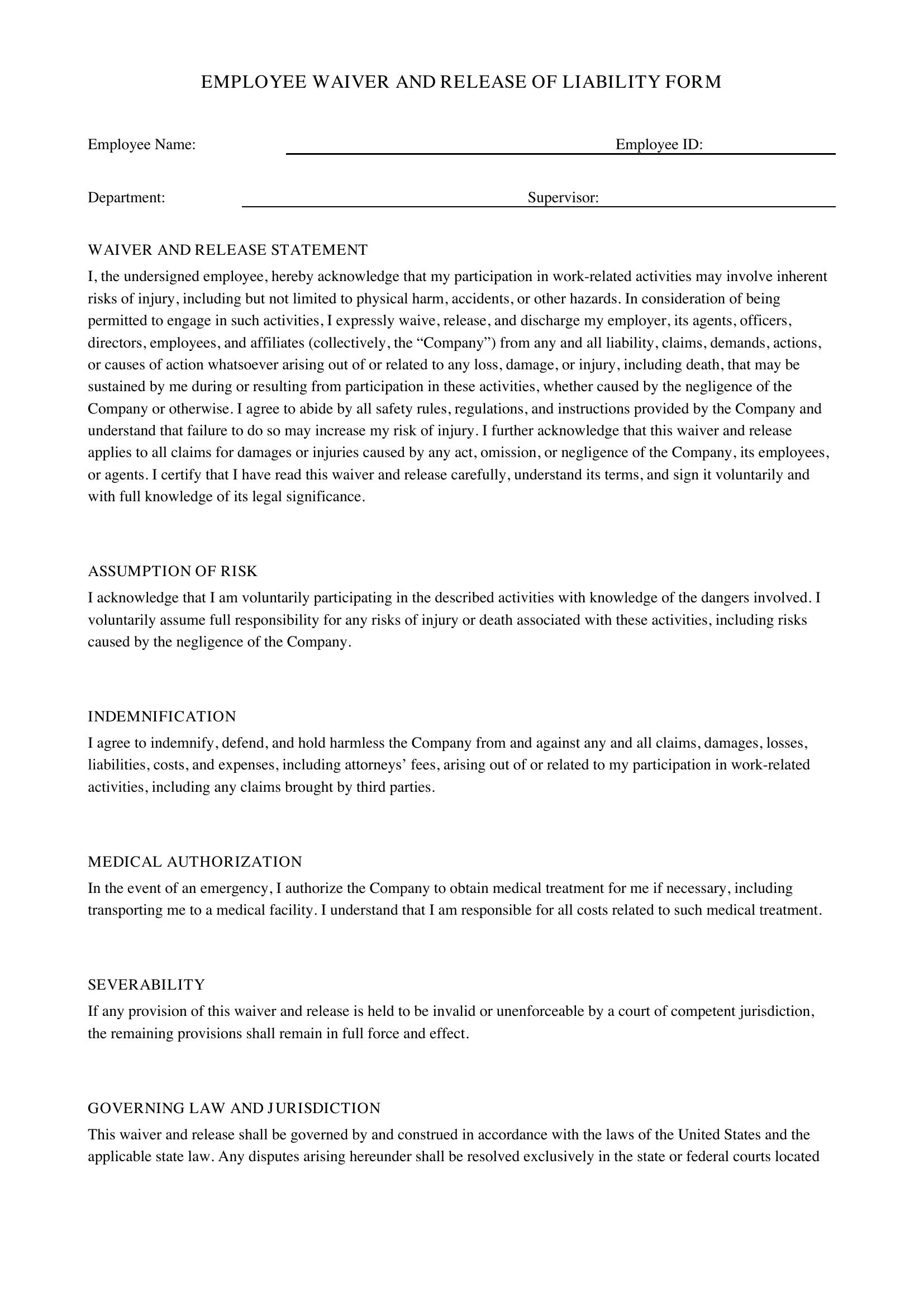 Employee Waiver Form Template - US