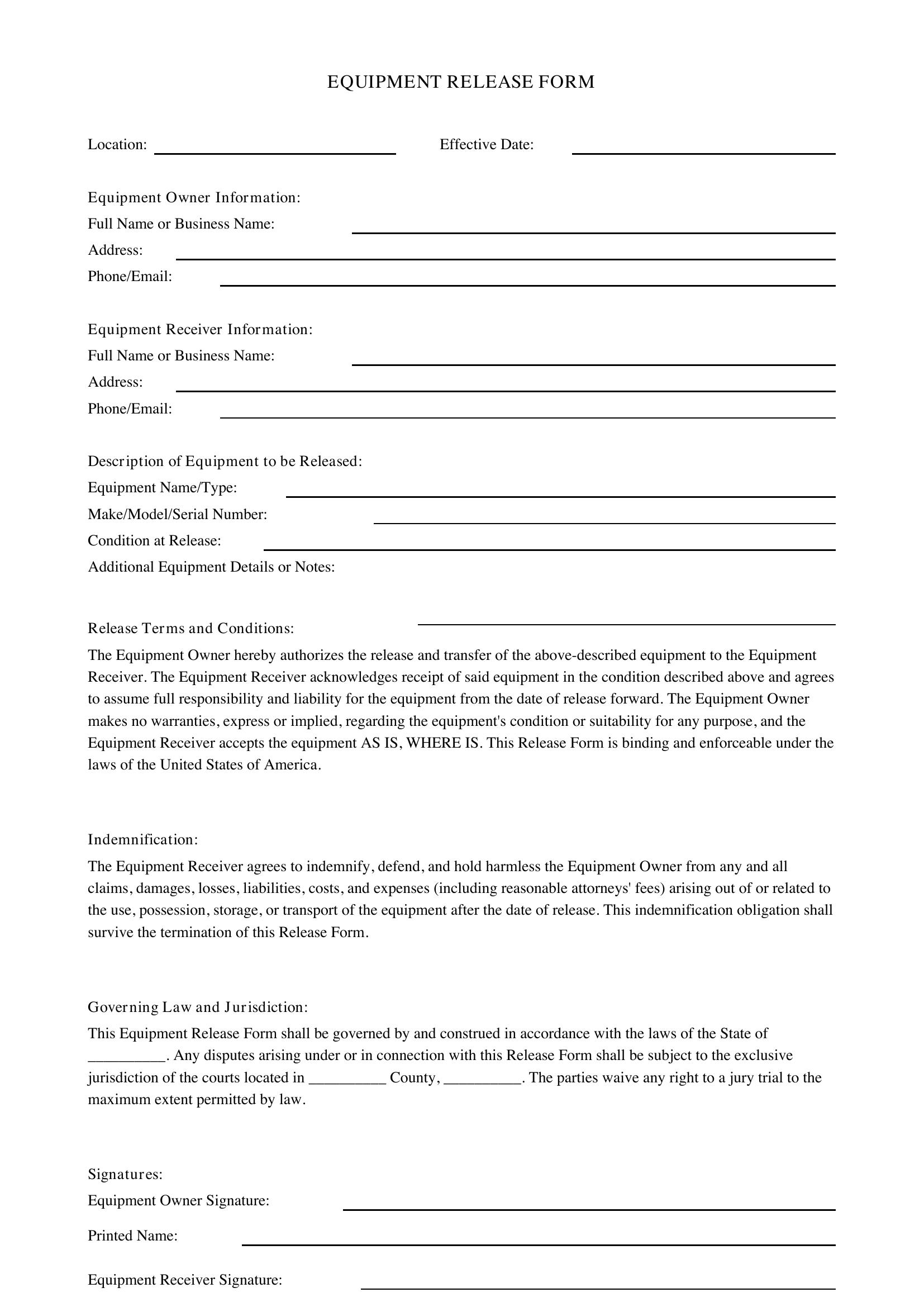 Equipment Release Form Template - US