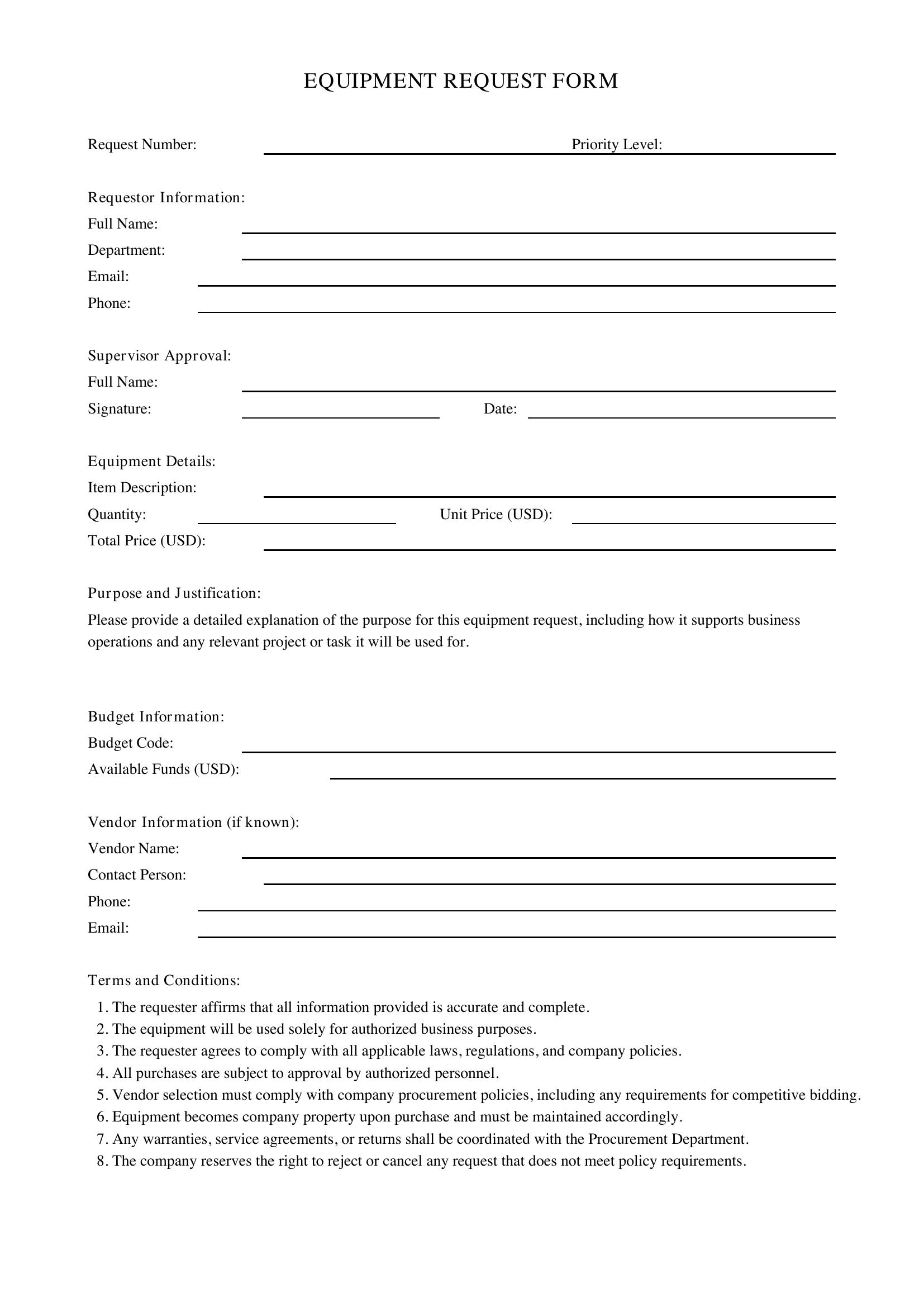 Equipment Request Form Template - US