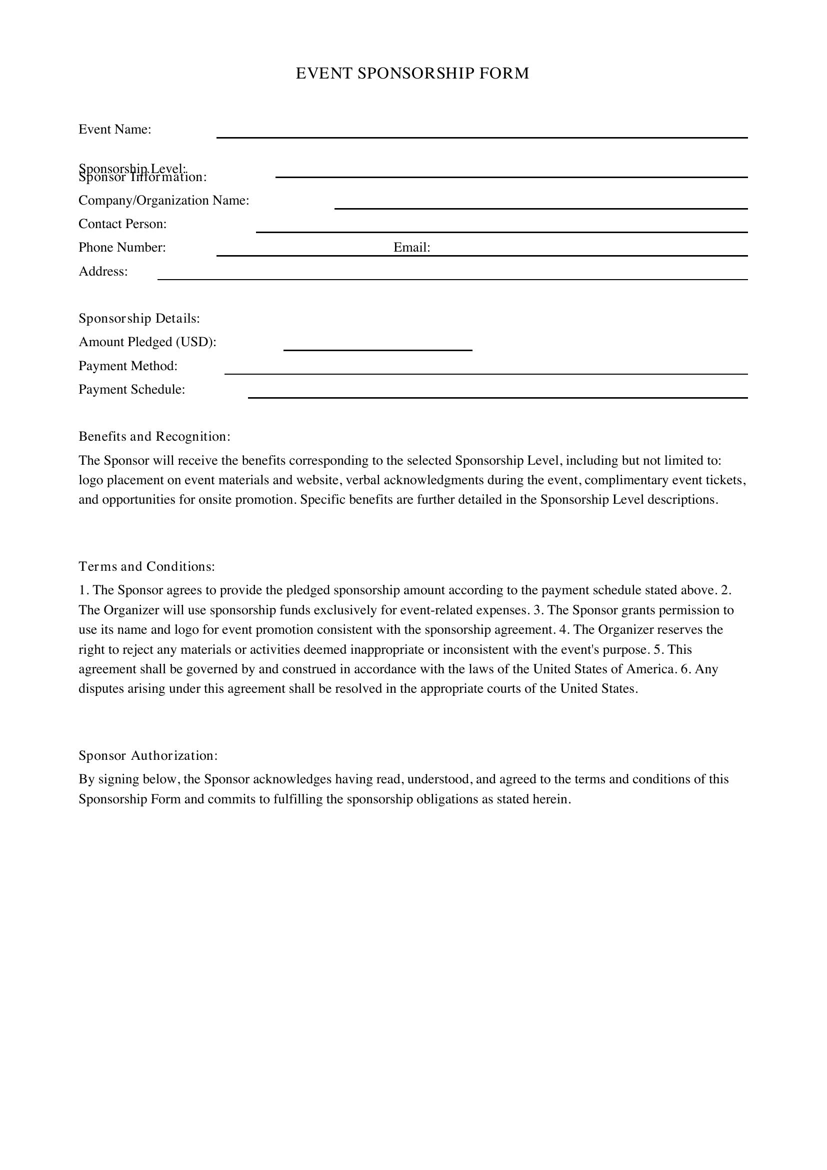 Event Sponsorship Form Template - US