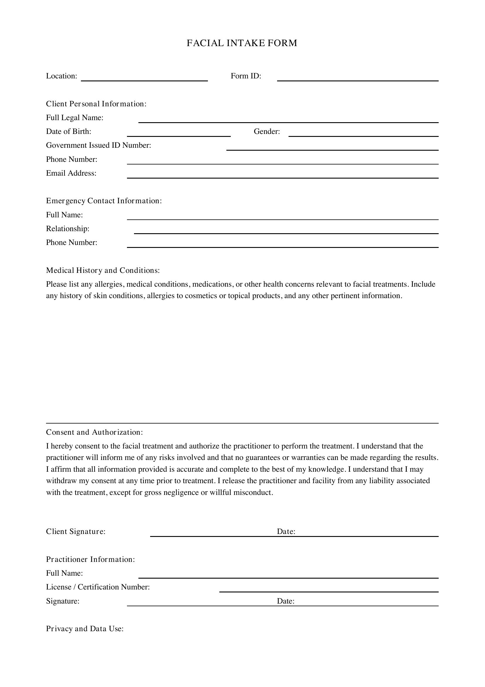 Facial Intake Form Template - US